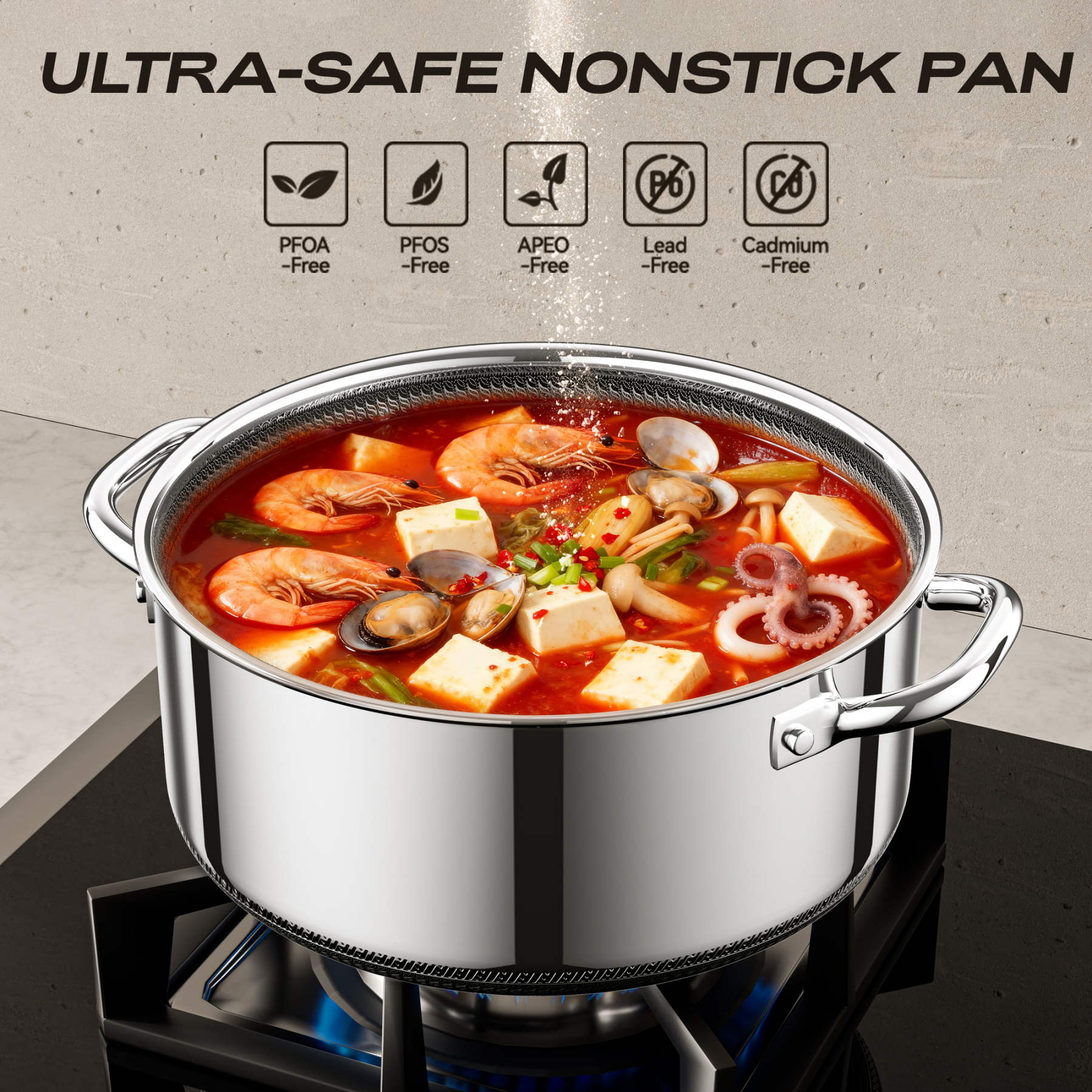 ZEROPAN Hybrid Nonstick Stockpot,Non-Toxic Non-Stick Professional Cookware,  Stainless Steel Stockpot with Glass Lid, Dishwasher-Fri endly, Oven-Safe Up to 500°F, Non-stick Soup Pot Compatible with All Cooktops, Stay-Cool Handle