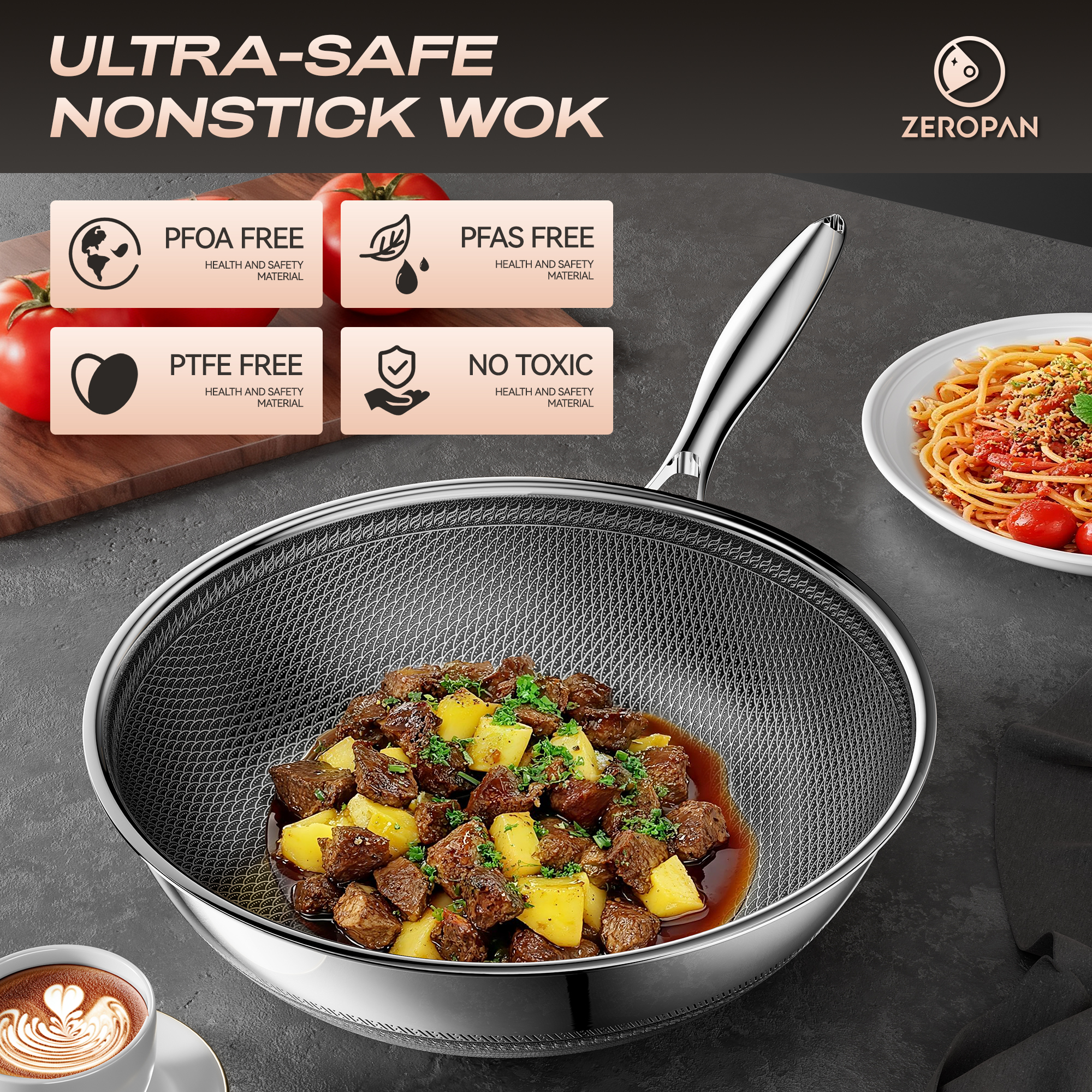 ZEROPAN Wok Pan Hybrid 12-Inch Wok with Lid, Non-Toxic Non-Stick Professional Cookware, Nonstick Stainless Steel Woks & Stir-fry pans,Dishwasher-Fri endly, Oven-Safe Up to 500°F,Compatible with All Cooktops, PFAS PFOA PTFE Free