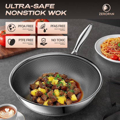 ZEROPAN Wok Pan Hybrid 12-Inch Wok with Lid, Non-Toxic Non-Stick Professional Cookware, Nonstick Stainless Steel Woks & Stir-fry pans,Dishwasher-Fri endly, Oven-Safe Up to 500°F,Compatible with All Cooktops, PFAS PFOA PTFE Free