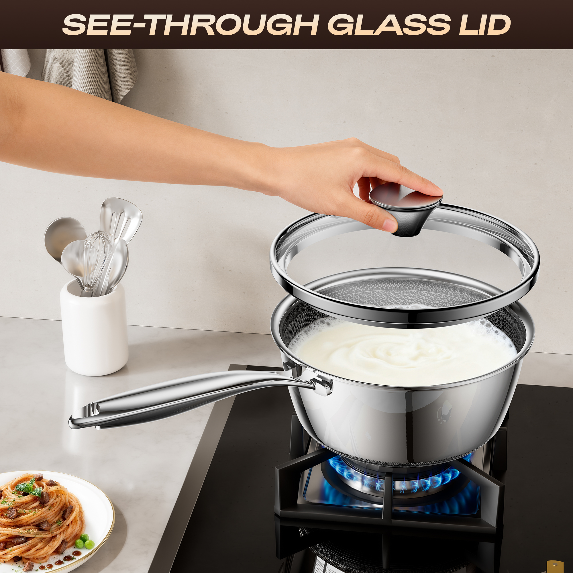 ZEROPAN Non-Toxic Non-Stick Professional Cookware, Hybrid Nonstick Stainless Steel Stockpot, Stainless Steel Stock pot with Glass Lid, Dishwasher-Friendly, Oven-Safe Up to 500°F, Non-stick Soup Pot Compatible with All Cooktops, Stay-Cool Handle