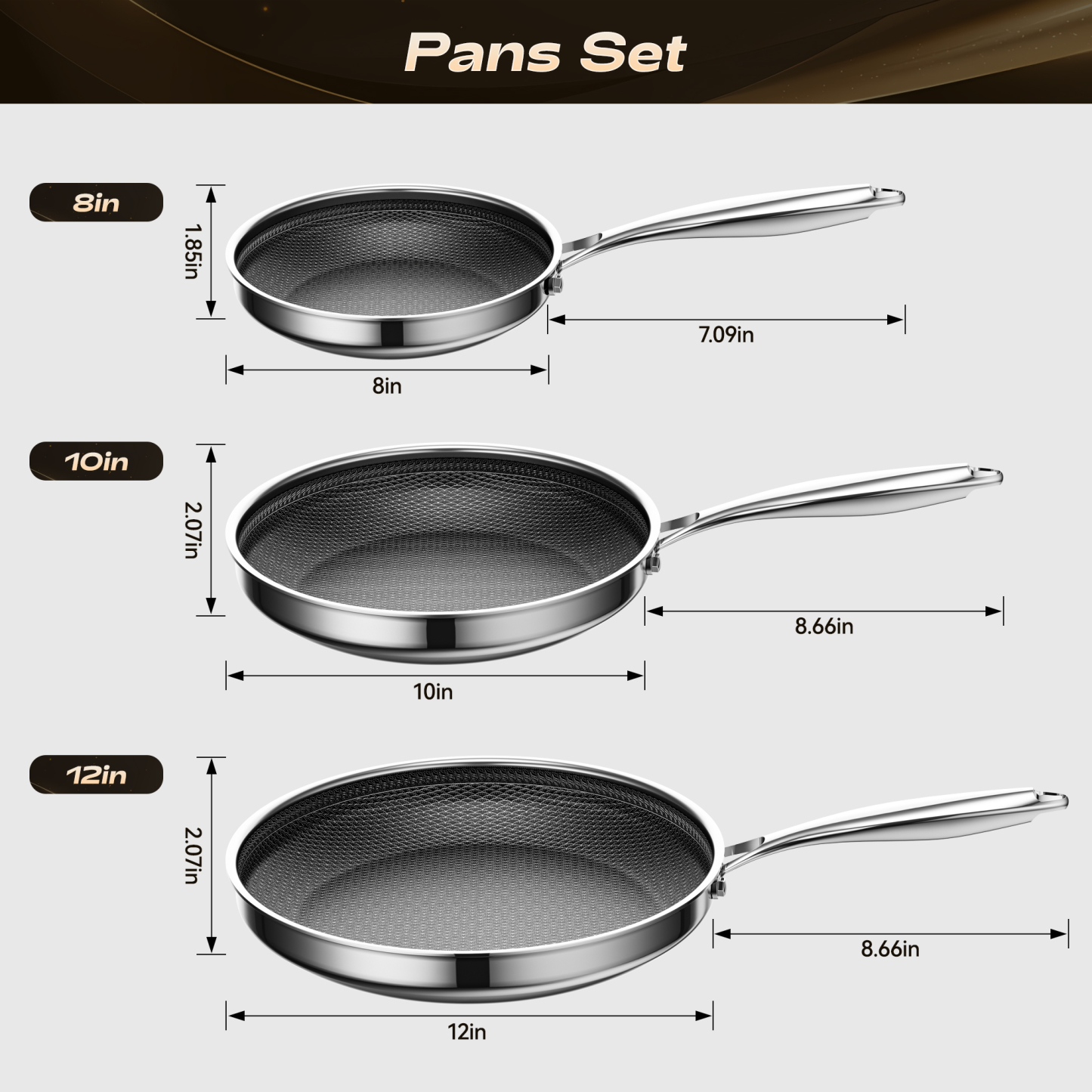 ZEROPAN Non stick Frying Pan Set, Non-Toxic Non-Stick Professional Cookware, Hybrid Nonstick Frying Pan 3 Piece, 8, 10 & 12 Inch Stainless Steel Pans, Stay-Cool Handle,Dishwasher-Friendly,Oven-Safe Up to 500°F, Compatible with All Cooktops
