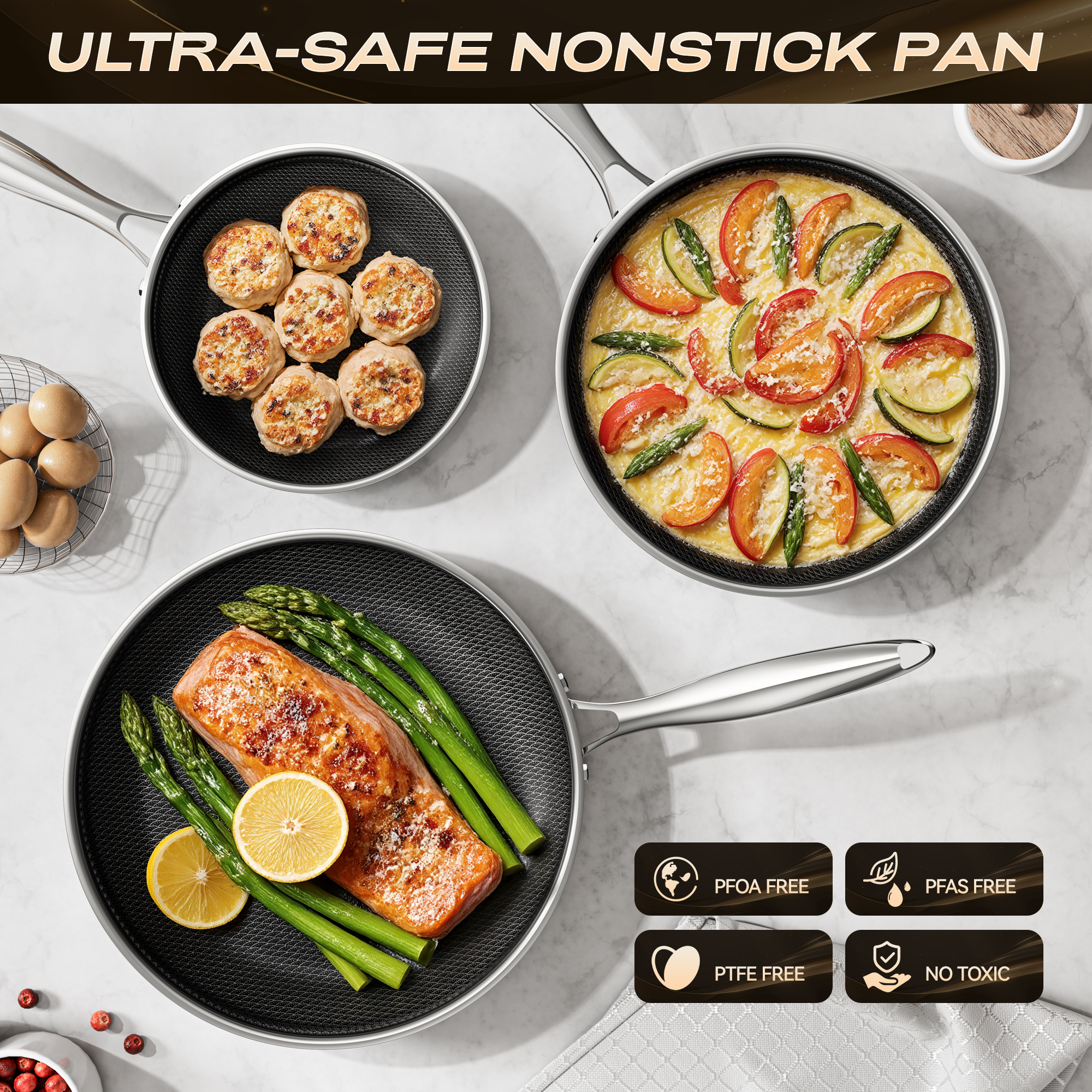 ZEROPAN Non stick Frying Pan Set, Non-Toxic Non-Stick Professional Cookware, Hybrid Nonstick Frying Pan 3 Piece, 8, 10 & 12 Inch Stainless Steel Pans, Stay-Cool Handle,Dishwasher-Friendly,Oven-Safe Up to 500°F, Compatible with All Cooktops