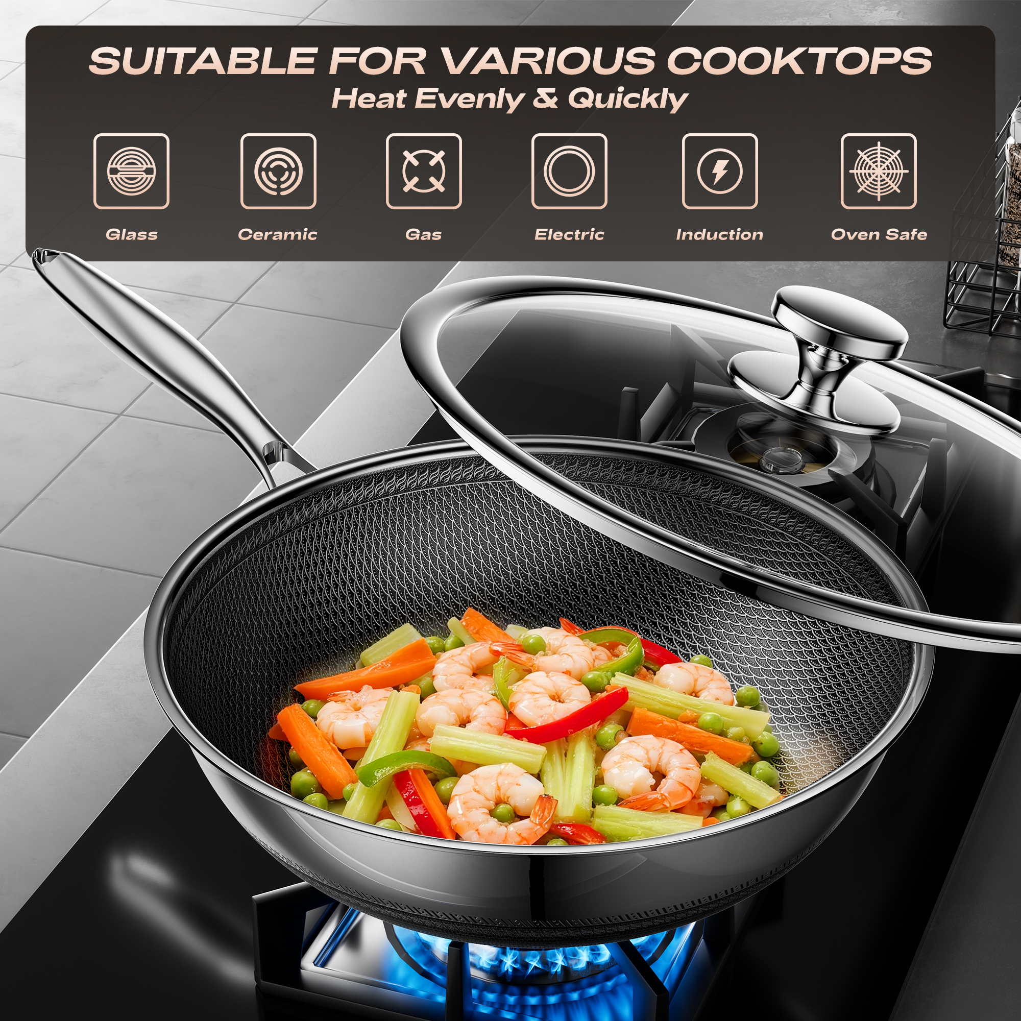 ZEROPAN Wok Pan Hybrid 12-Inch Wok with Lid, Non-Toxic Non-Stick Professional Cookware, Nonstick Stainless Steel Woks & Stir-fry pans,Dishwasher-Fri endly, Oven-Safe Up to 500°F,Compatible with All Cooktops, PFAS PFOA PTFE Free