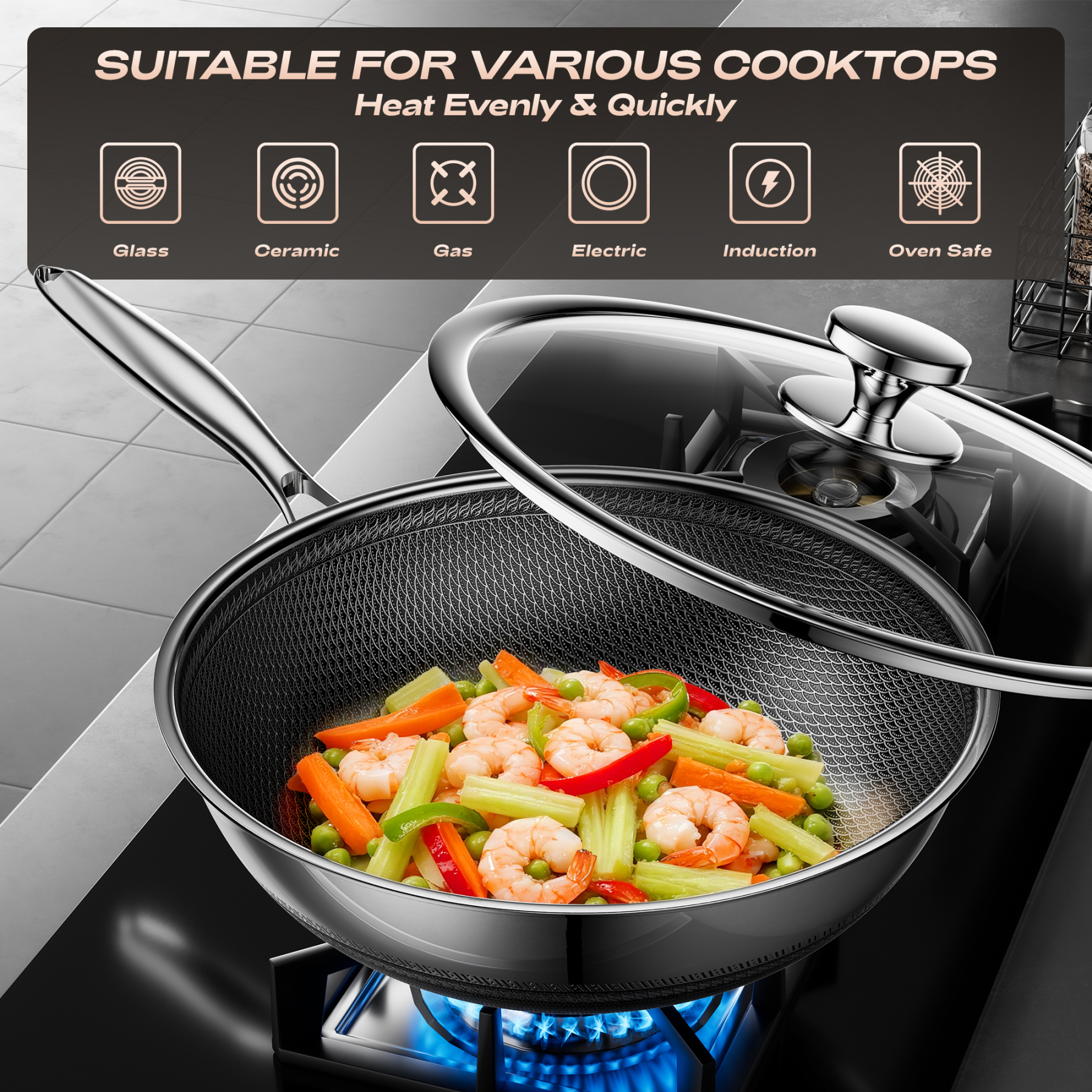 ZEROPAN Wok Pan Hybrid 12-Inch Wok with Lid, Non-Toxic Non-Stick Professional Cookware, Nonstick Stainless Steel Woks & Stir-fry pans,Dishwasher-Fri endly, Oven-Safe Up to 500°F,Compatible with All Cooktops, PFAS PFOA PTFE Free