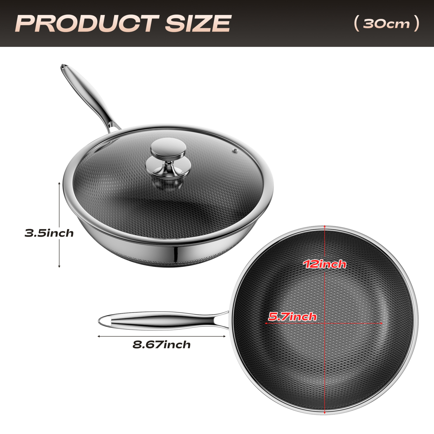 ZEROPAN Wok Pan Hybrid 12-Inch Wok with Lid, Non-Toxic Non-Stick Professional Cookware, Nonstick Stainless Steel Woks & Stir-fry pans,Dishwasher-Fri endly, Oven-Safe Up to 500°F,Compatible with All Cooktops, PFAS PFOA PTFE Free