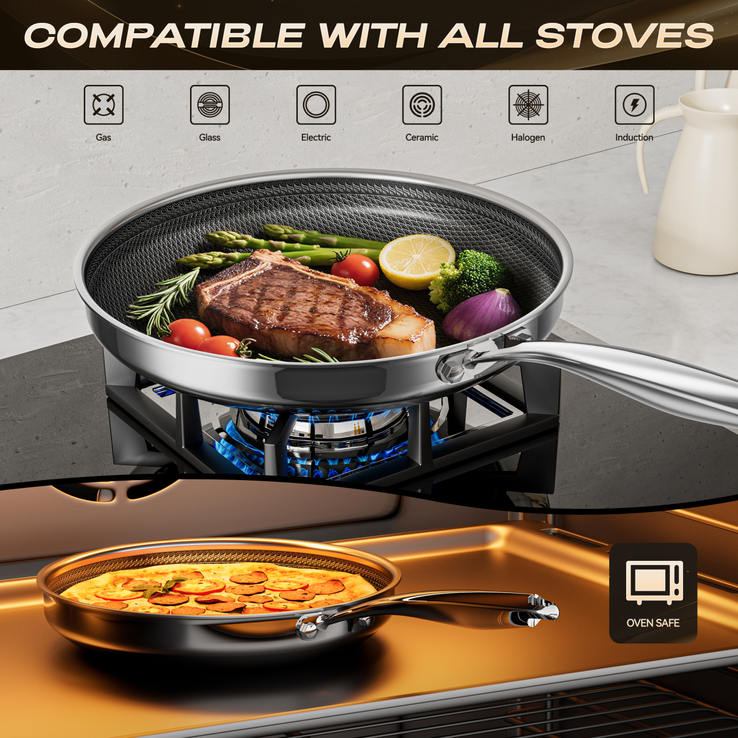 ZEROPAN Non stick Frying Pan Set, Non-Toxic Non-Stick Professional Cookware, Hybrid Nonstick Frying Pan 3 Piece, 8, 10 & 12 Inch Stainless Steel Pans, Stay-Cool Handle,Dishwasher-Friendly,Oven-Safe Up to 500°F, Compatible with All Cooktops