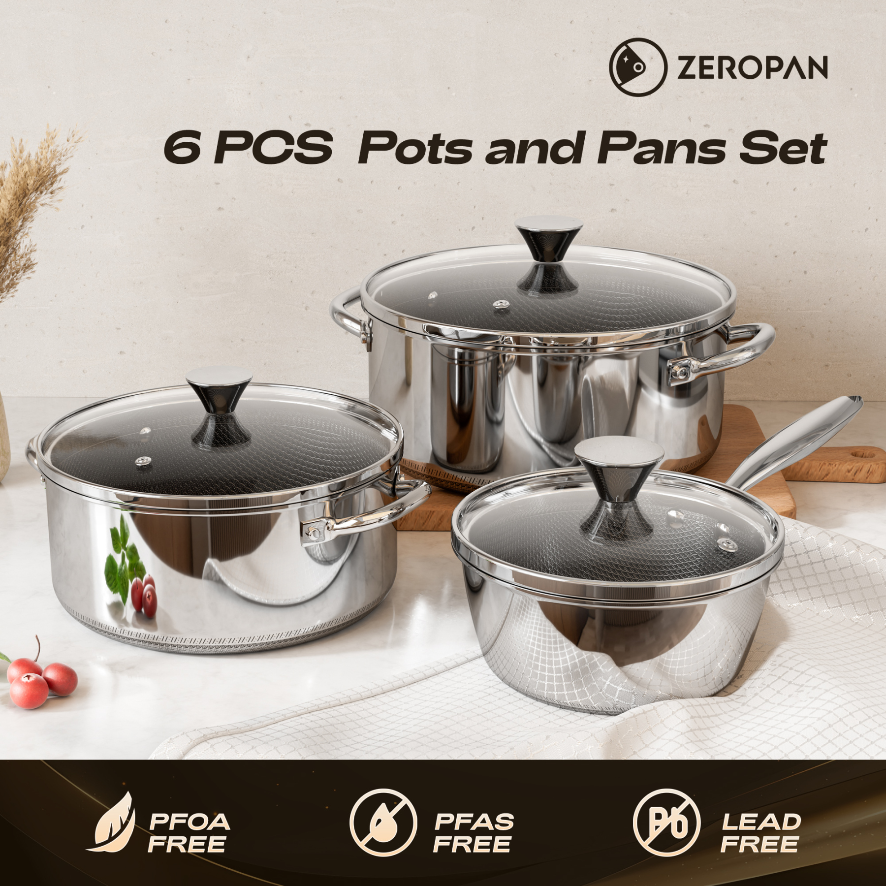 ZEROPAN Hybrid Nonstick Stockpot,Non-Toxic Non-Stick Professional Cookware,  Stainless Steel Stockpot with Glass Lid, Dishwasher-Fri endly, Oven-Safe Up to 500°F, Non-stick Soup Pot Compatible with All Cooktops, Stay-Cool Handle