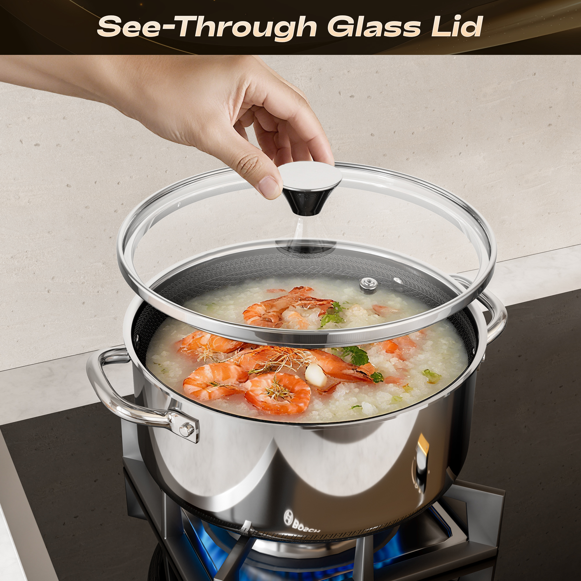 ZEROPAN Hybrid Nonstick Stockpot,Non-Toxic Non-Stick Professional Cookware,  Stainless Steel Stockpot with Glass Lid, Dishwasher-Fri endly, Oven-Safe Up to 500°F, Non-stick Soup Pot Compatible with All Cooktops, Stay-Cool Handle