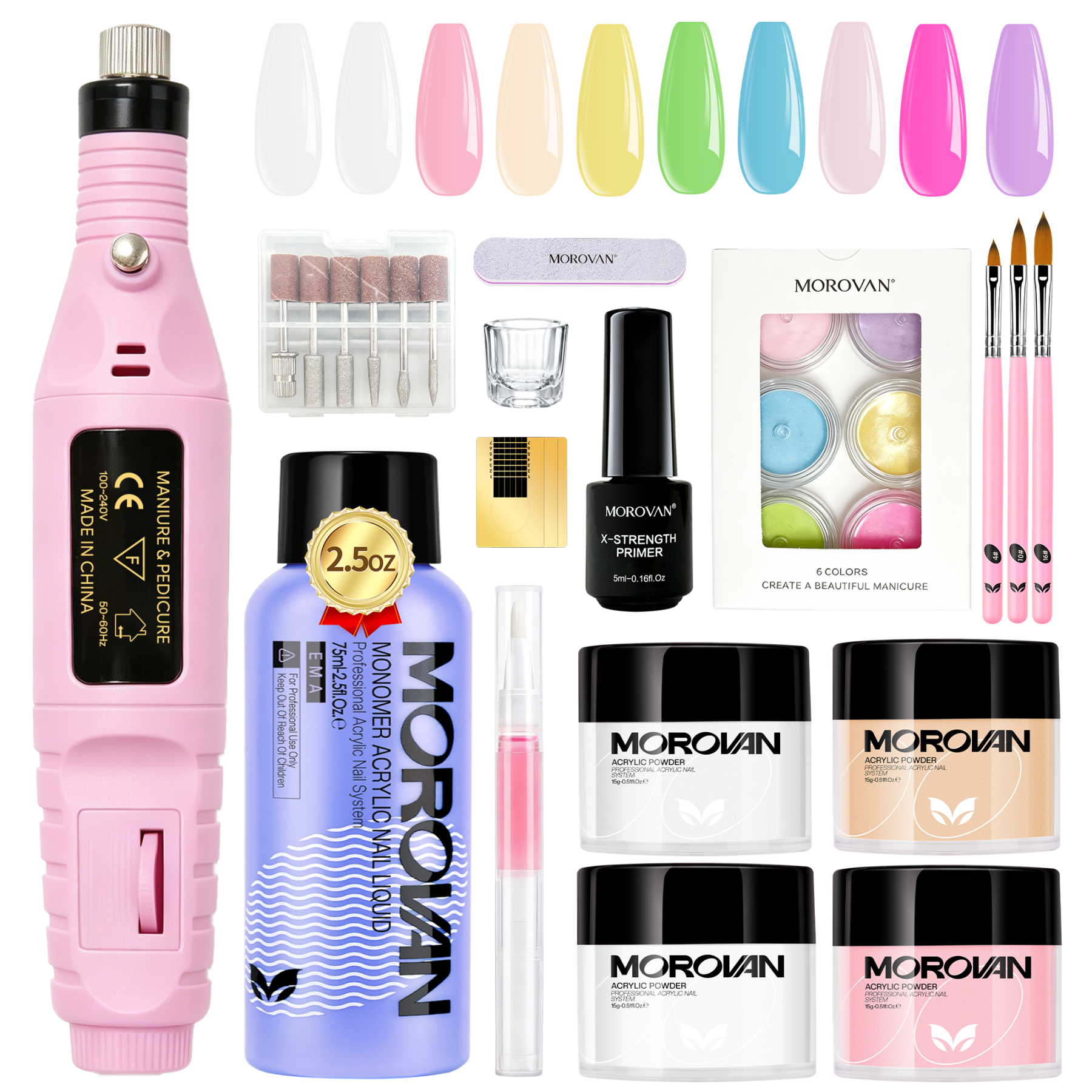 Morovan Acrylic Nail Kit with Drill,Complete Set for Beginners with Clear, White, Pink & Nude Acrylic Powder, Liquid, Brushes & Tools for Home Salon Nail Extensions