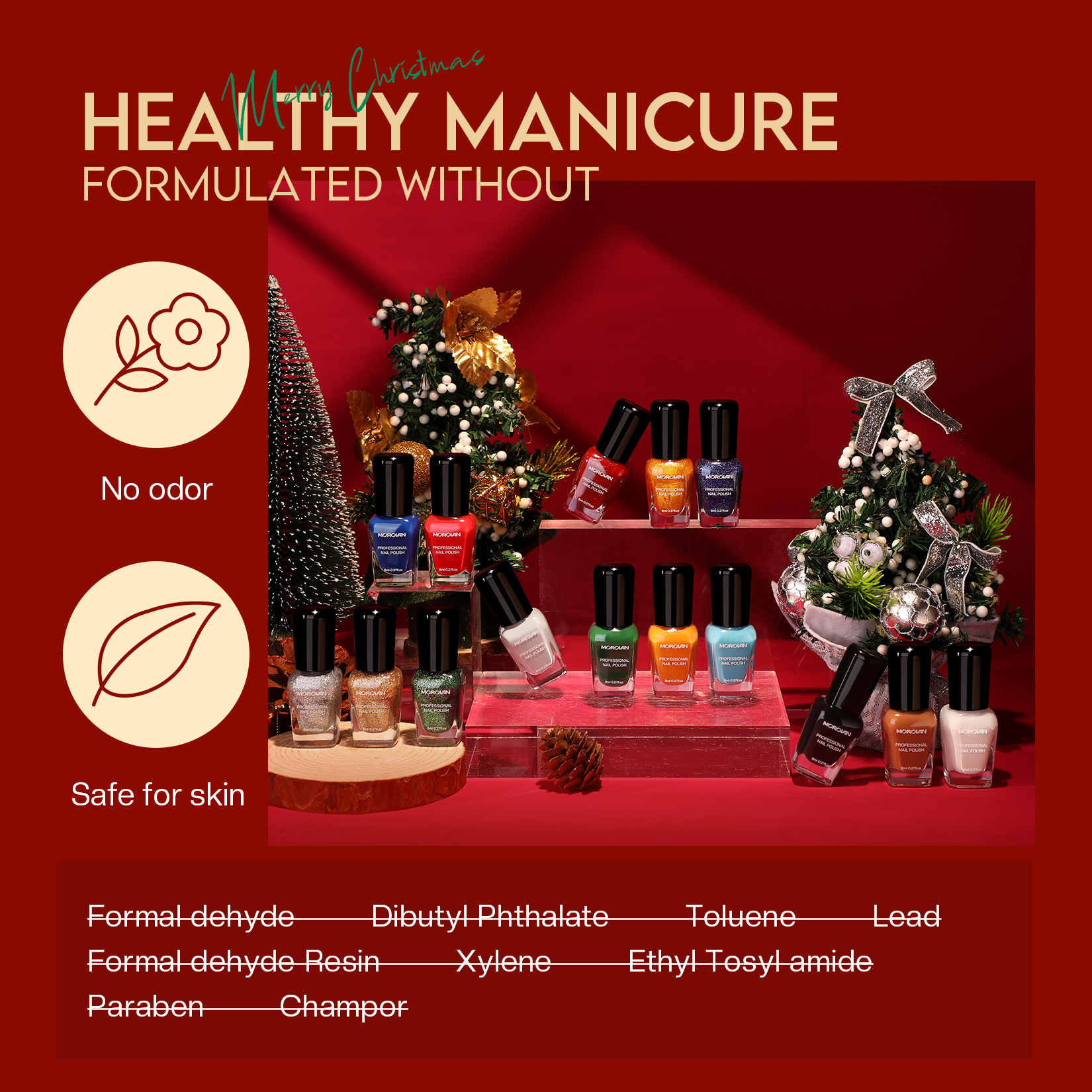 Morovan Christmas Nail Polish Set: Glitter Green Dark Red Black Hot Pink Brown Shimmer Fingernail Polish Kit for Girls