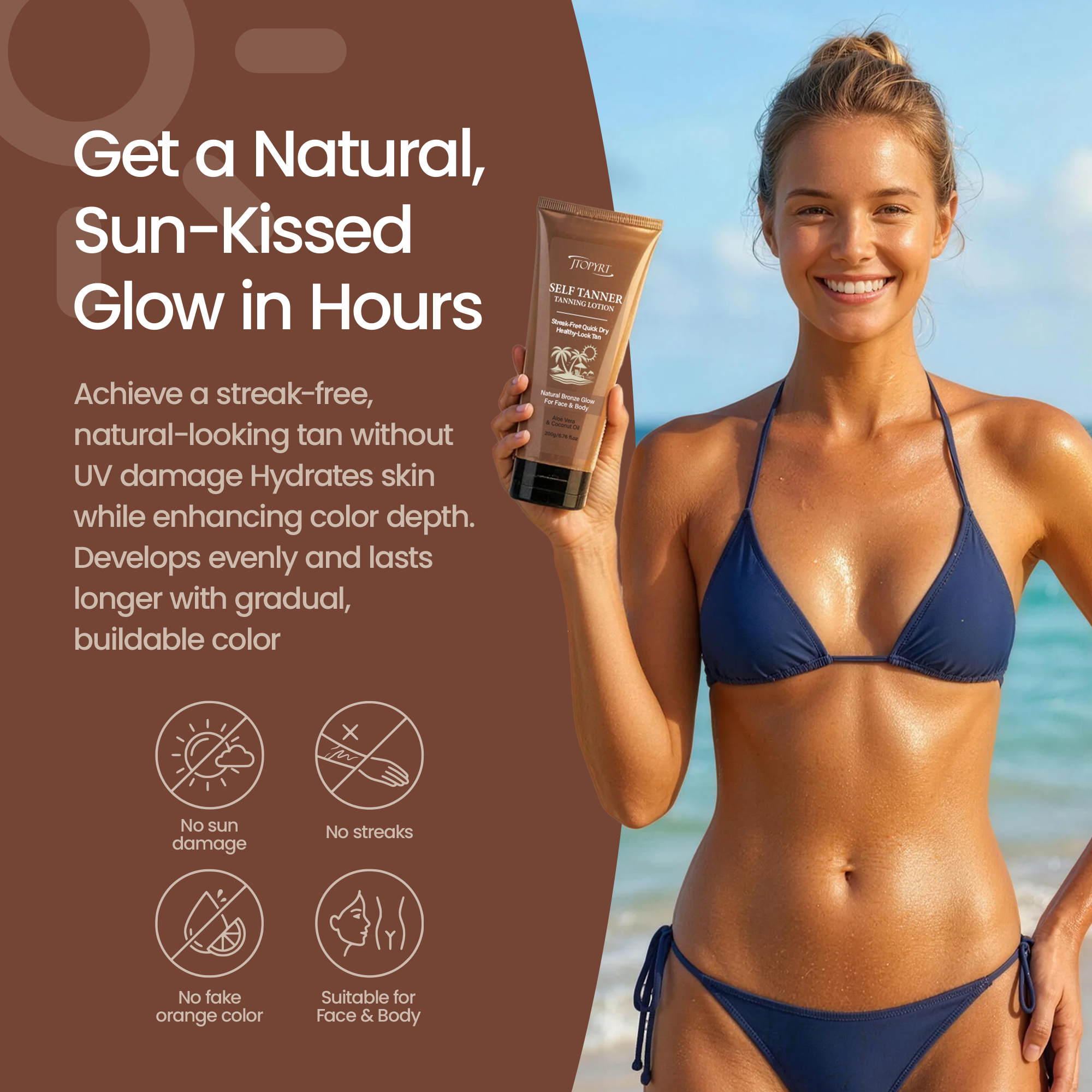 Jtopyrt Self Tanner Tanning Lotion with Aloe Vera and Coconut Oil for A Natural Glow - Brown Tones