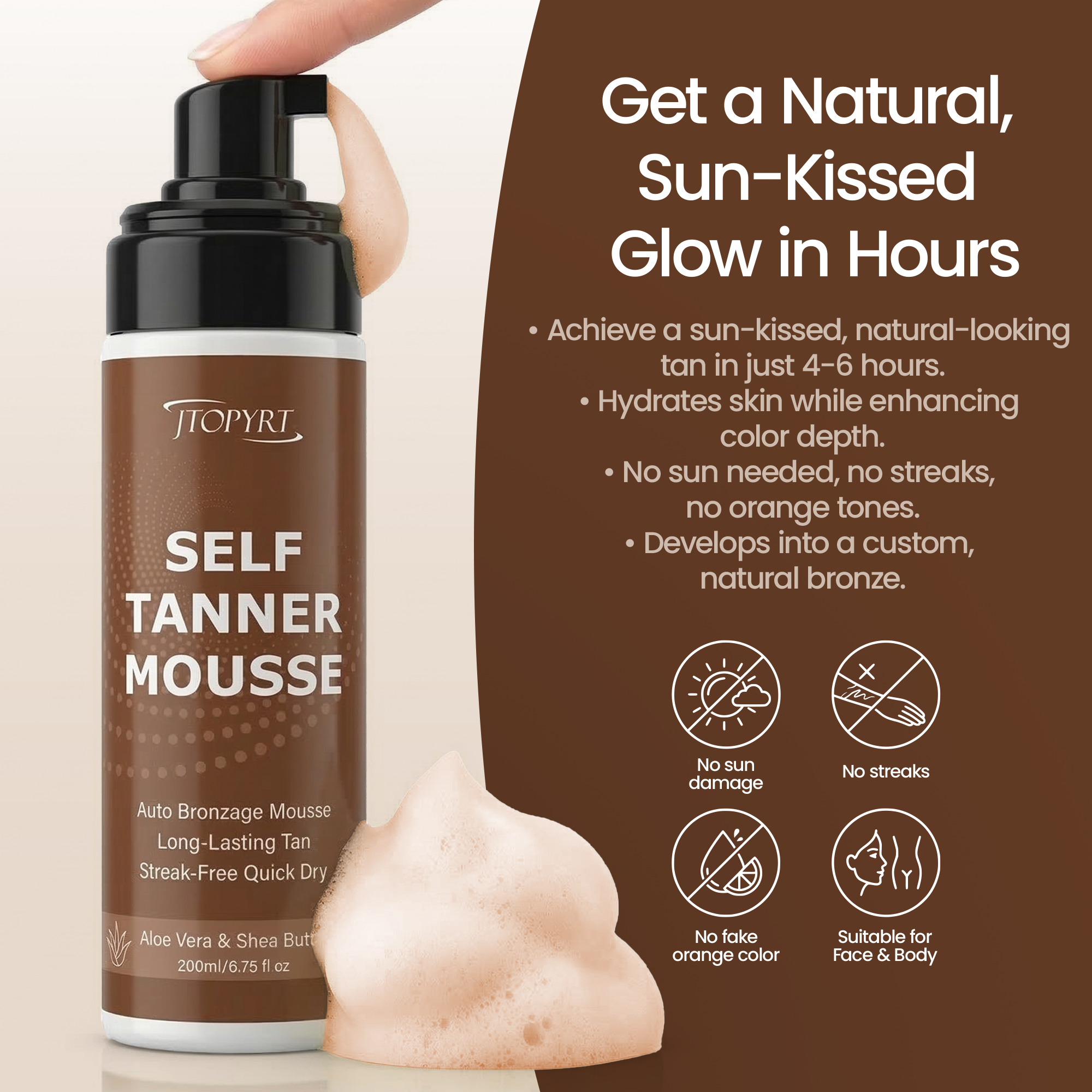Jtopyrt Self Tanner Mousse Made with Natural and Organic Ingredients Quick Application Foam Easy Sunless Tan For Face and Body