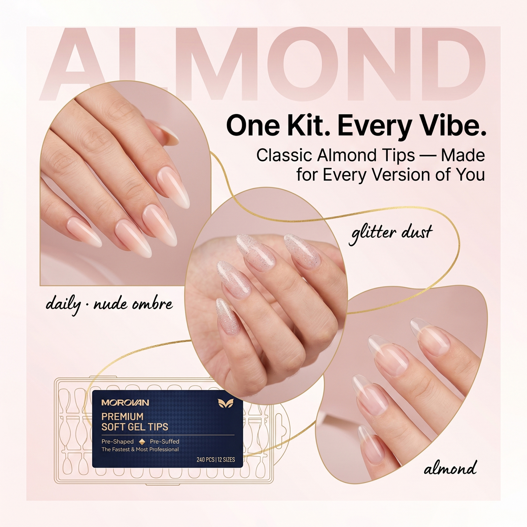 Morovan 240Pcs Almond Nail Tips with Quick-Dry Glue, Cuticle Pusher, Nail Files & Manicure Tools,Complete DIY Acrylic Nails Set for Home Salon