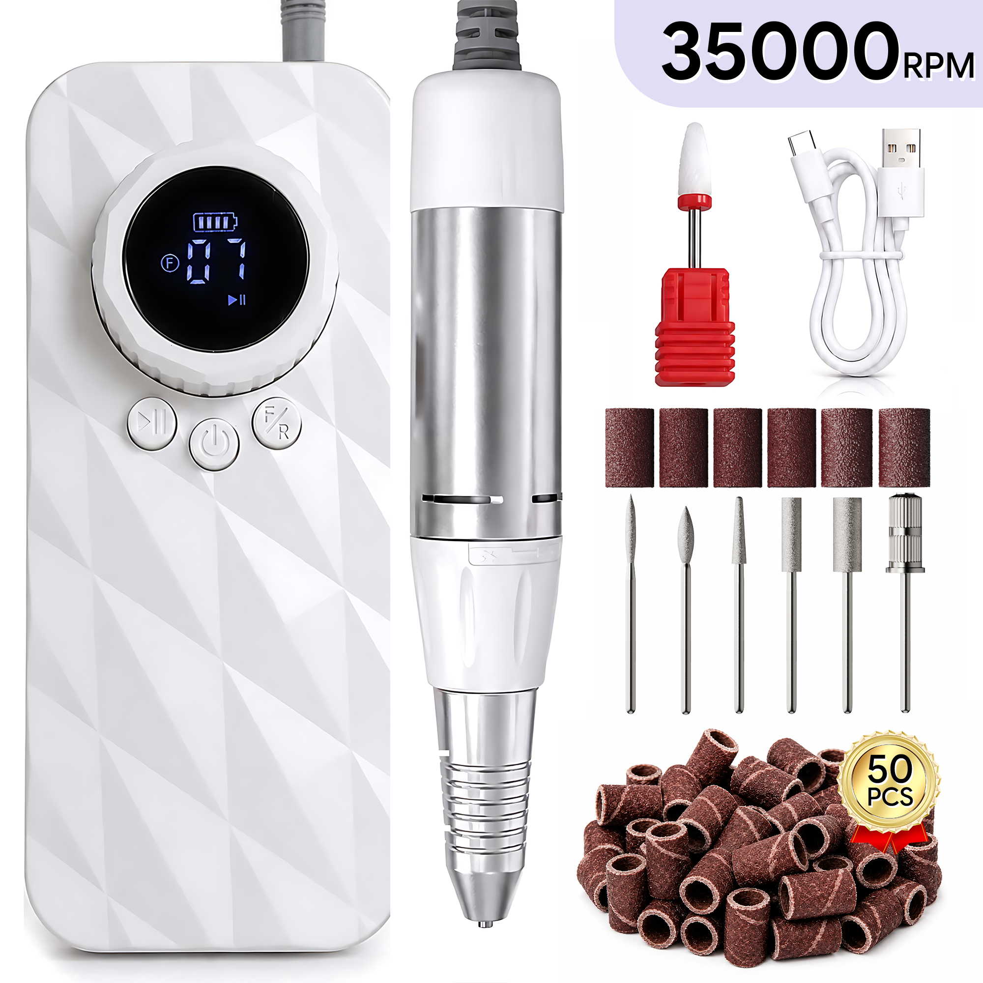 Morovan Professional Electric Nail Drill,Portable, 35000 RPM with Bits, Sanding Bands & USB Cable, Low Noise for Acrylic, Gel & Home Salon Use