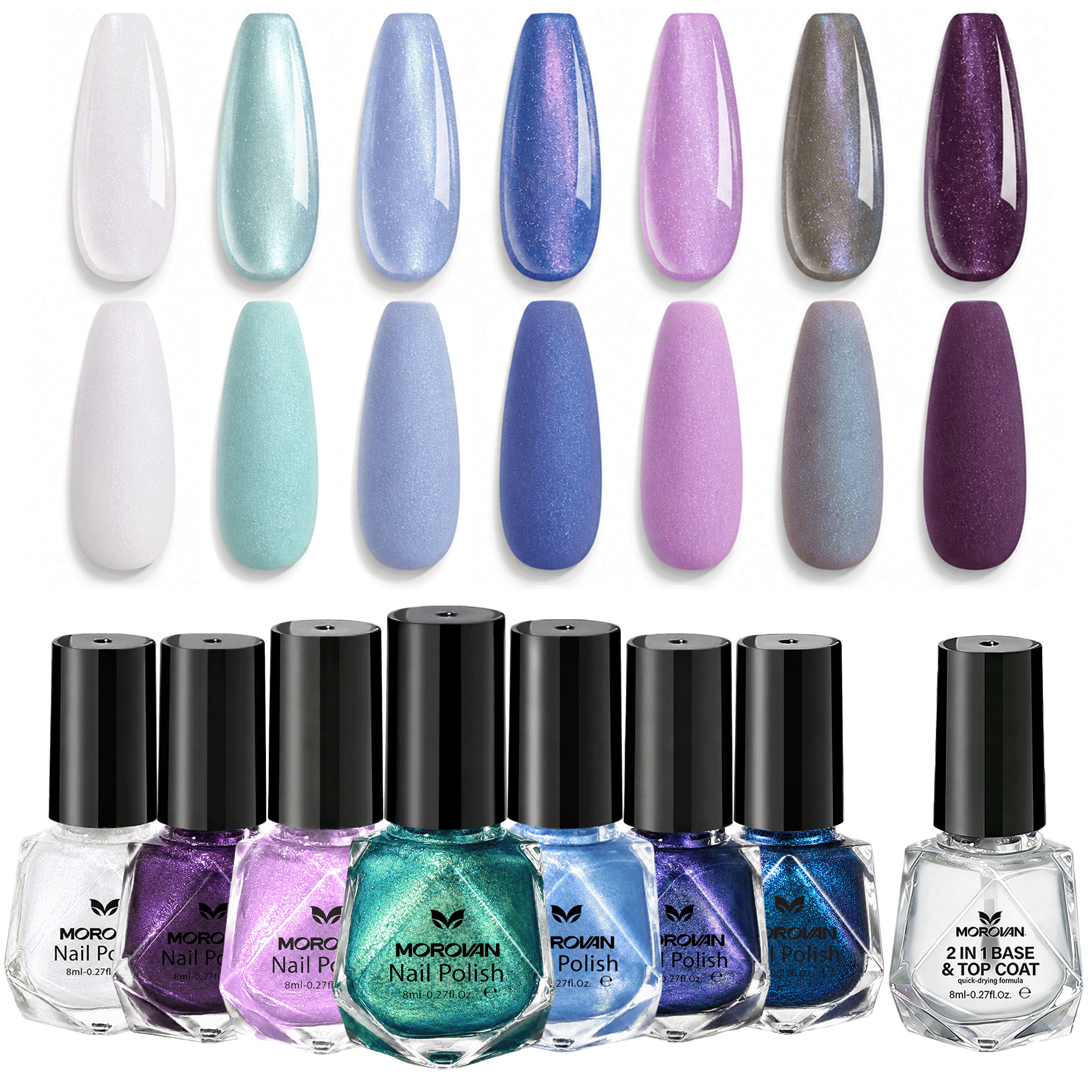 Morovan Chameleon Holographic Nail Polish Set, 7 Colors Quick Dry with 2 in 1 Base & Top Coat,Blue Pink Purple Green Aurora Shimmer Nail Art Manicure Kit for Women