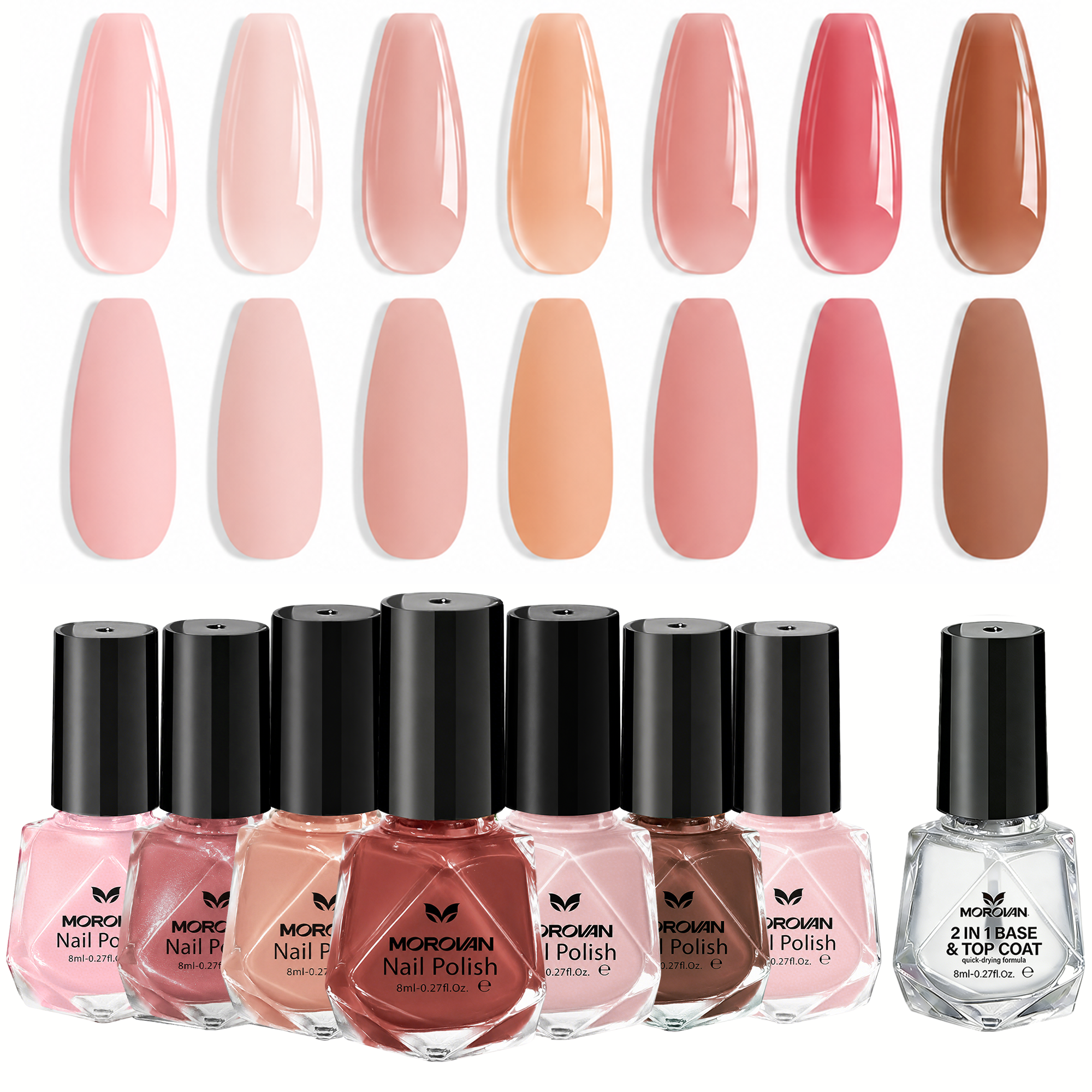 Morovan Nail Polish Set 7 Colors Nude Jelly Nail Polish Kit with Base & Top Coat, Quick Dry Sheer Nude Pink Red 8ml Spring Summer Manicure Gift for Women