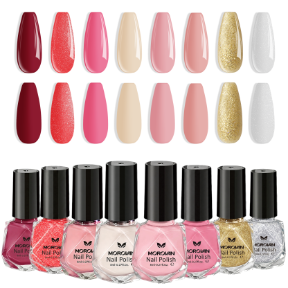Morovan 8 Colors Nail Polish Set, Classic Red & Glitter Tones, Nude Pink & Milky White Shades, Traditional Nail Polish Kit for Daily & Party Manicure