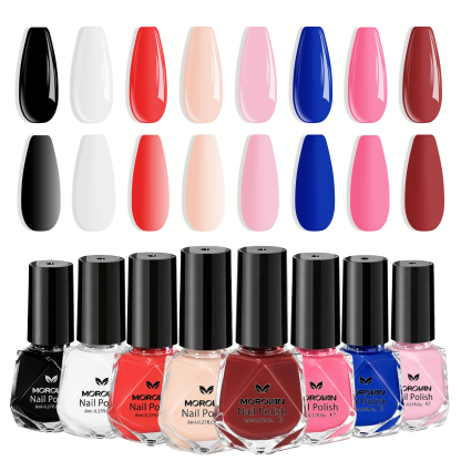 Morovan 8 Colors Classic Nail Polish Set, Black White Red Nude Pink Navy & Wine Red Glossy Nail Polish Kit for Everyday & Occasion Wear