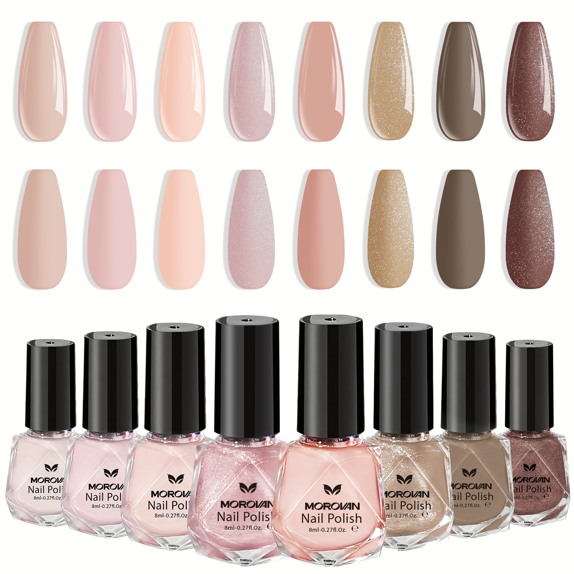 Morovan 8Pcs Nude Nail Polish Set,Nude Pink, Mauve, Brown & Glitter Shades, Quick Dry Nail Polish Gift Set for Women