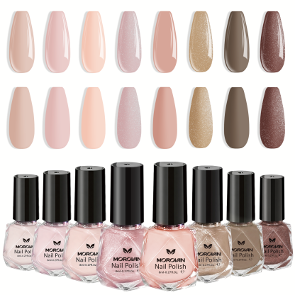 Morovan 8Pcs Nude Nail Polish Set,Nude Pink, Mauve, Brown & Glitter Shades, Quick Dry Nail Polish Gift Set for Women