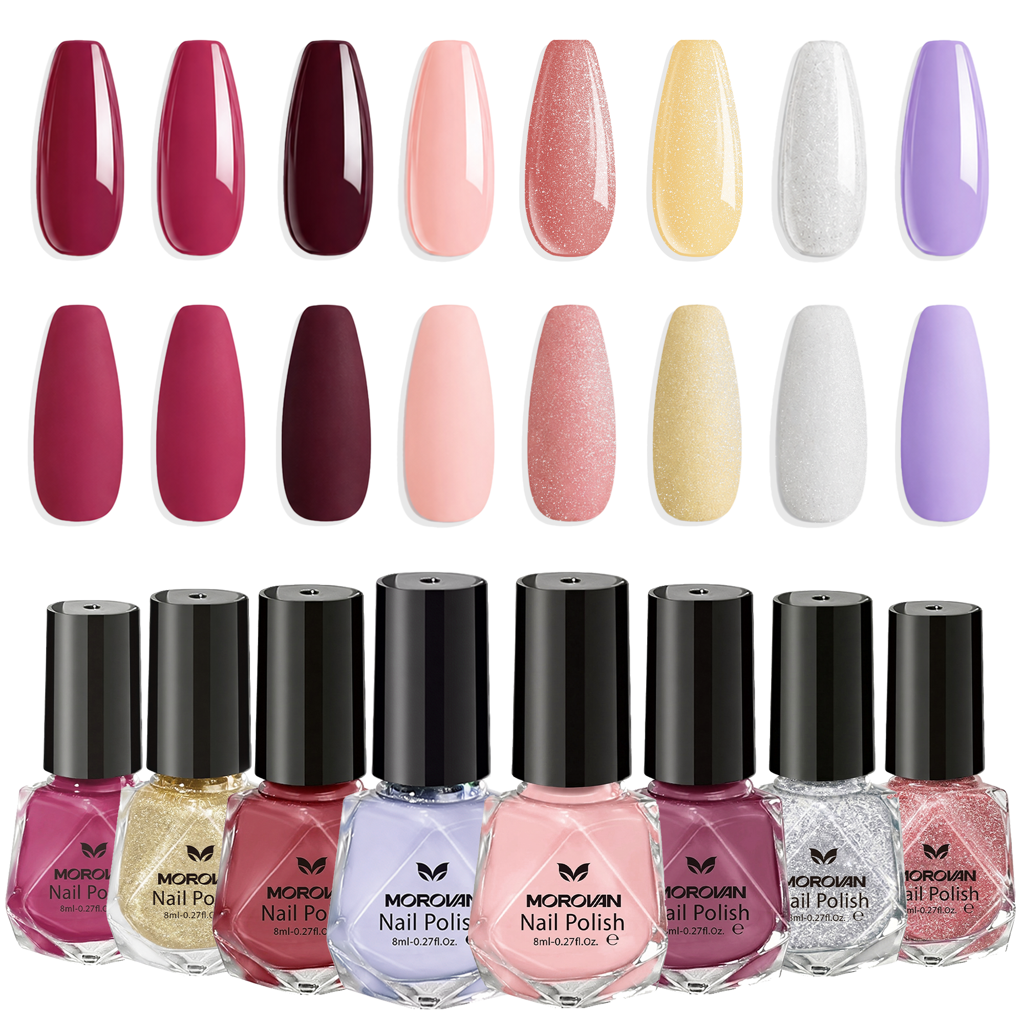 Morovan 8 Colors Nail Polish Set,Glossy & Glitter Finishes, Wine Red, Plum, Pink, Nude, Lavender & White Shades, Long-Lasting Regular Nail Polish for DIY Manicure & Home Use