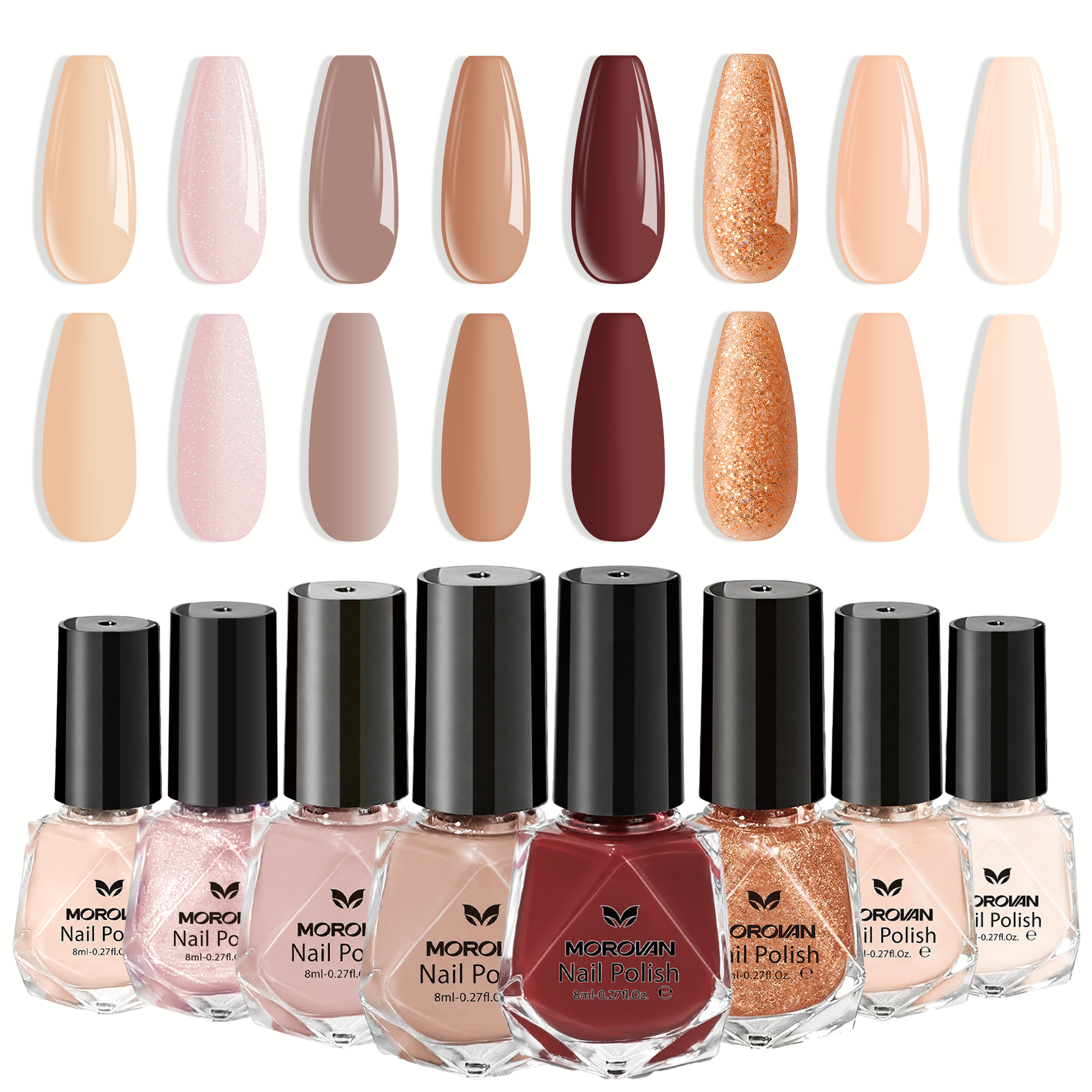 Morovan Neutral Nail Polish Set,8 Elegant Shades of Nude, Blush Pink, Rose Brown & Champagne Glitter for Daily Wear