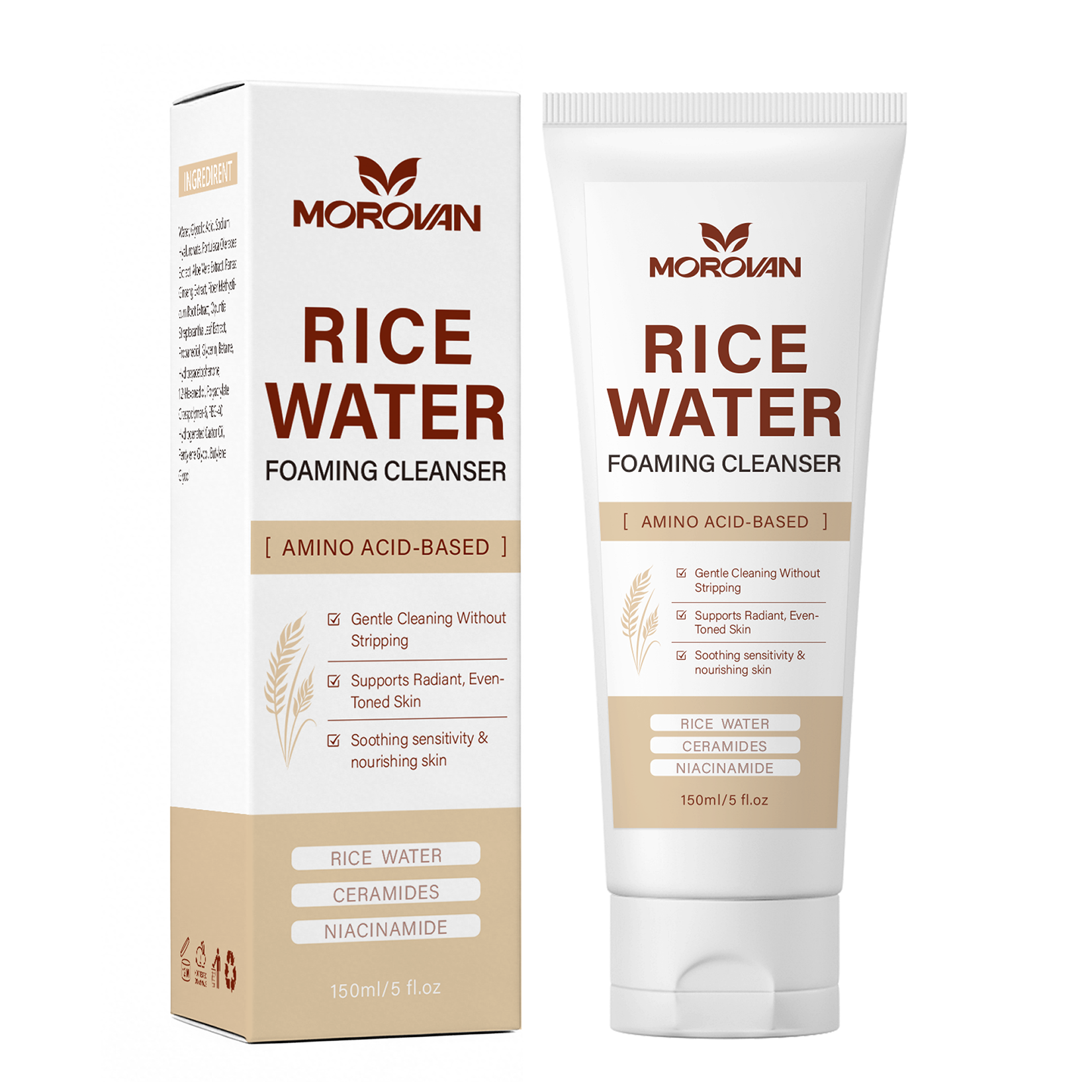 Morovan Face Cleanser Rice Water Amino Acid Based Daily Skincare All Skin Types 5 fl oz