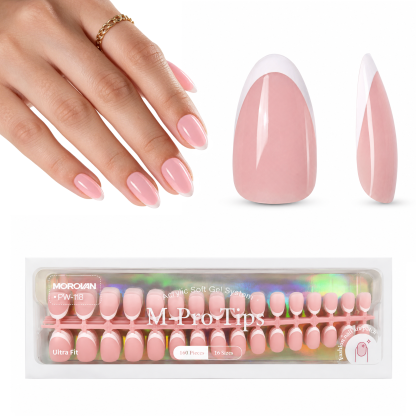 Morovan French Tip Nails, Pink Ultra-Short Almond Press On Nails - 160 Pcs 16 Sizes Natural Gel Nail Tips