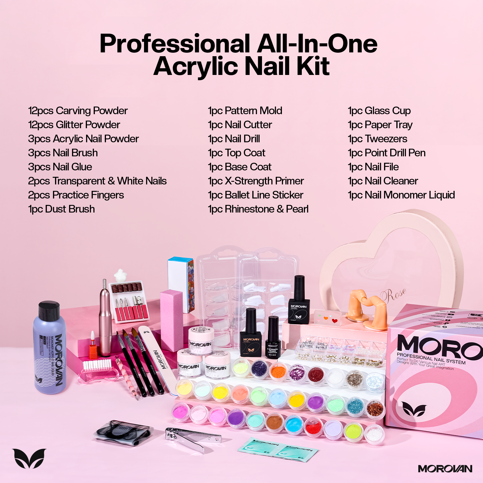 Morovan Acrylic Nail Kit with Drill - Glitter Acrylic Powder Monomer Liquid Set for Beginners