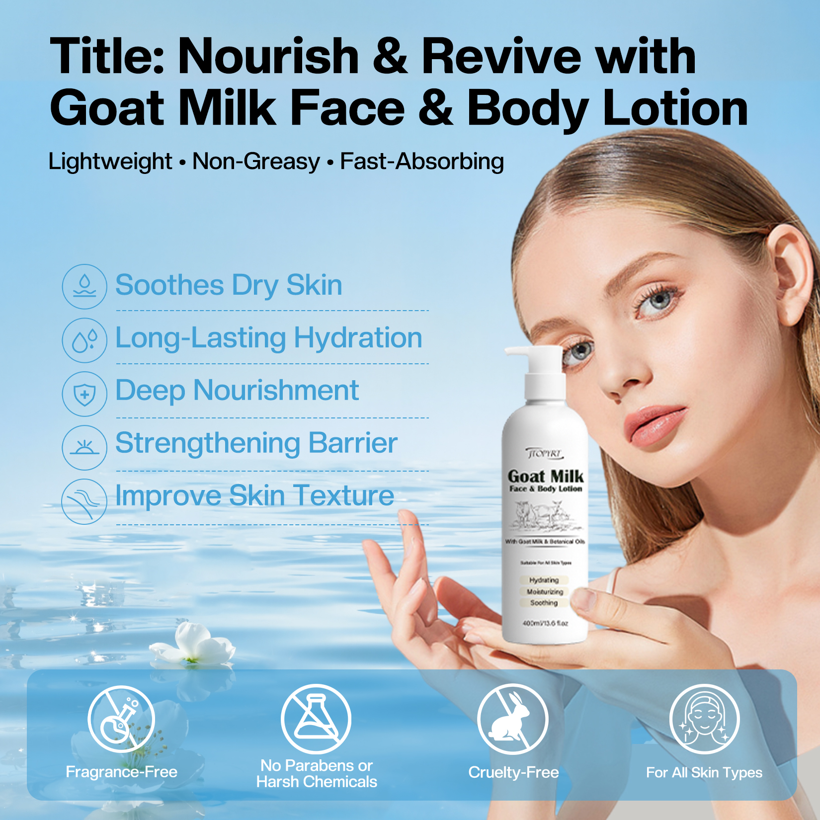 Jtopyrt Goat Milk Hand & Body Lotion Nourishing Face, Body & Hand Moisturizer for Dry & Sensitive Skin