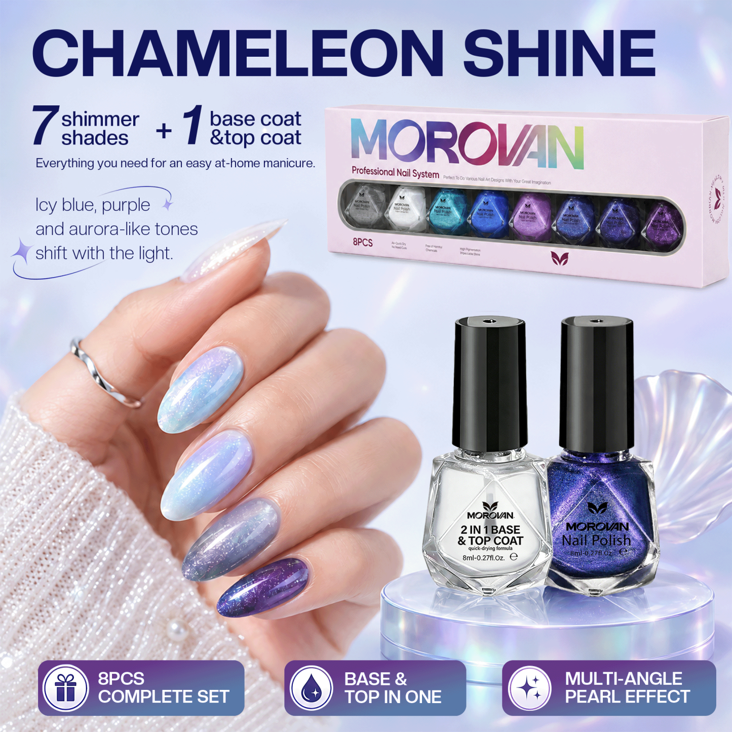 Morovan Chameleon Holographic Nail Polish Set, 7 Colors Quick Dry with 2 in 1 Base & Top Coat,Blue Pink Purple Green Aurora Shimmer Nail Art Manicure Kit for Women