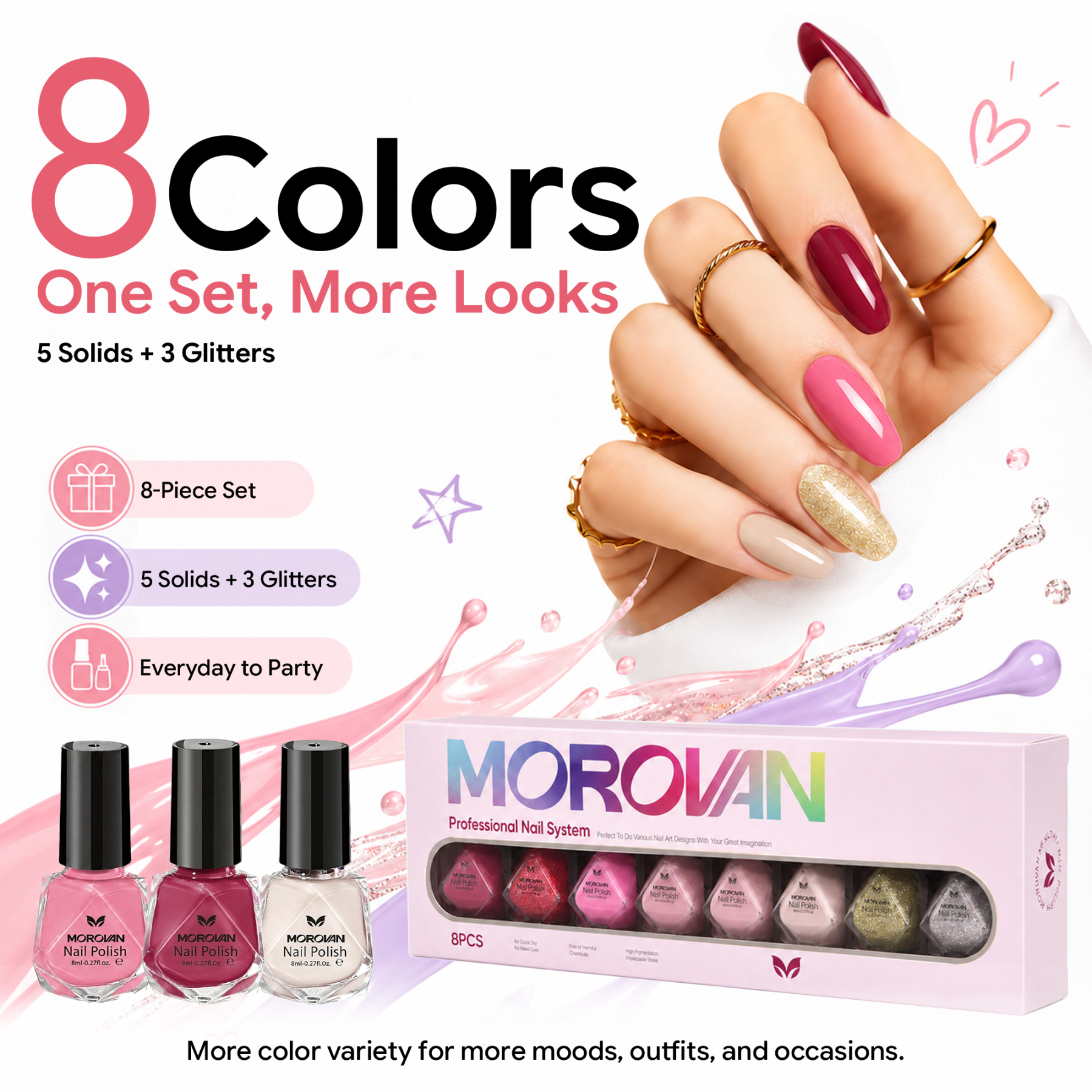 Morovan 8 Colors Nail Polish Set, Classic Red & Glitter Tones, Nude Pink & Milky White Shades, Traditional Nail Polish Kit for Daily & Party Manicure