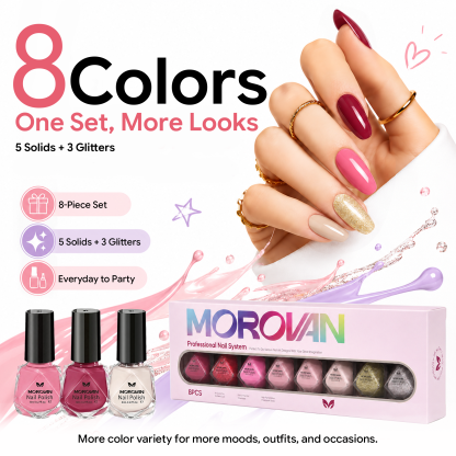 Morovan 8 Colors Nail Polish Set, Classic Red & Glitter Tones, Nude Pink & Milky White Shades, Traditional Nail Polish Kit for Daily & Party Manicure