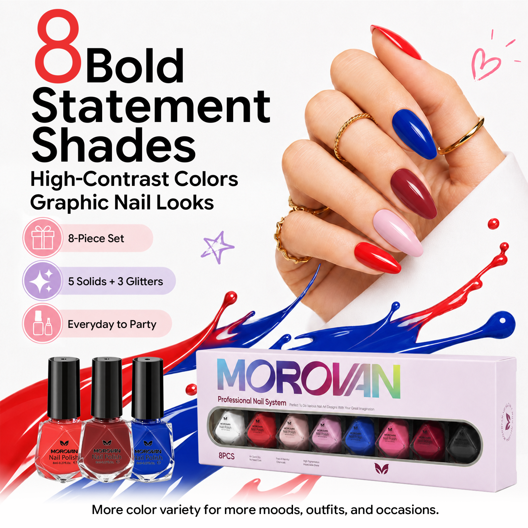 Morovan 8 Colors Classic Nail Polish Set, Black White Red Nude Pink Navy & Wine Red Glossy Nail Polish Kit for Everyday & Occasion Wear