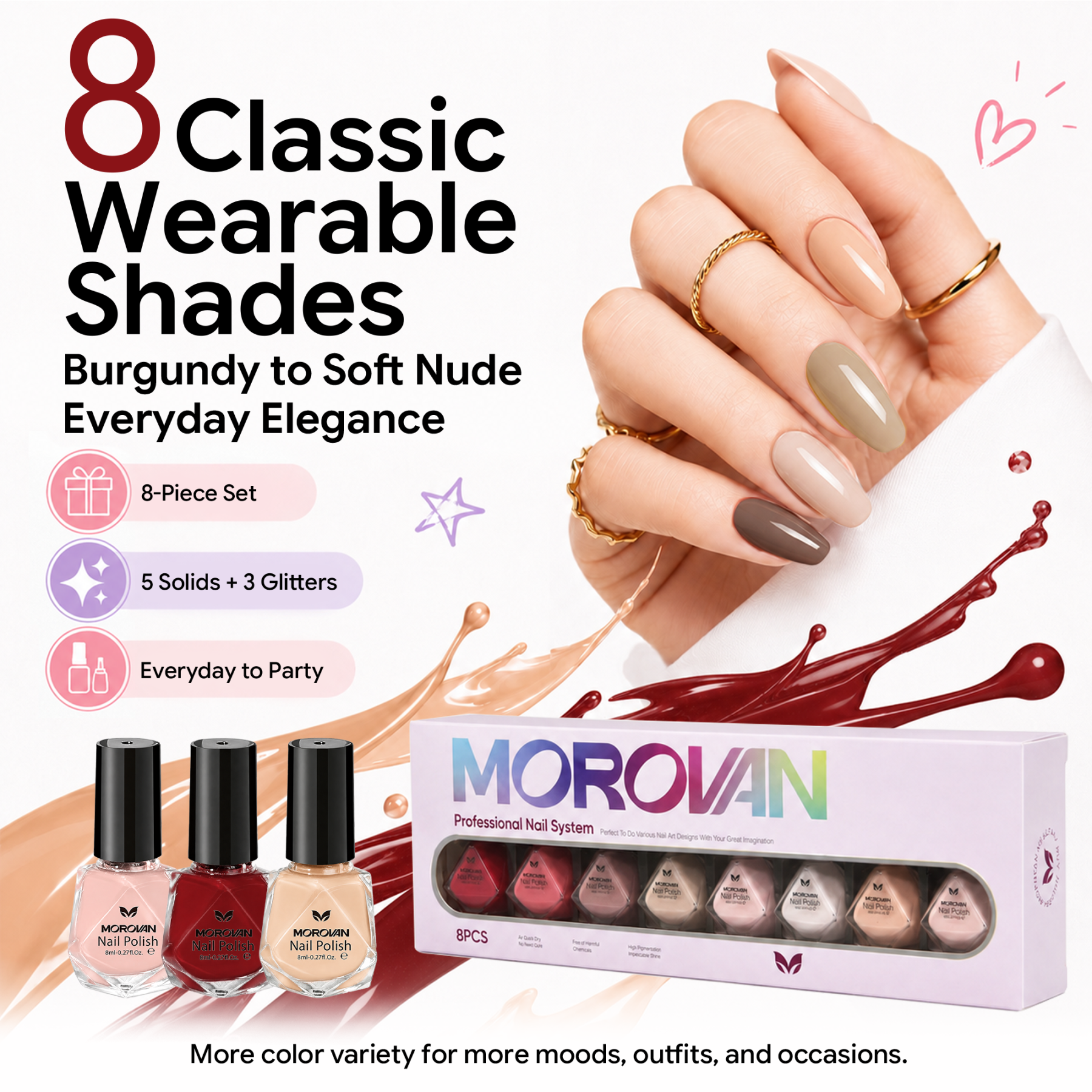 Morovan Nail Polish Set 8 Colors Neutral Nude Pink, Spring Summer Quick Dry Manicure Kit, DIY Nail Art for Home & Salon, Perfect Gift for Women & Girls
