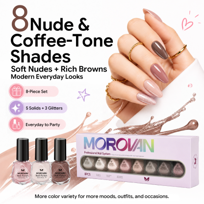 Morovan 8Pcs Nude Nail Polish Set,Nude Pink, Mauve, Brown & Glitter Shades, Quick Dry Nail Polish Gift Set for Women