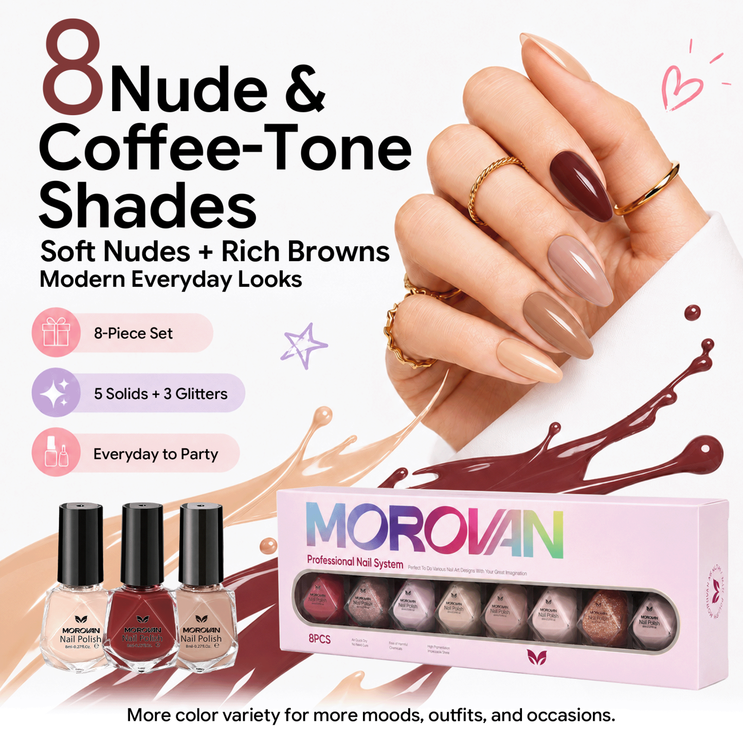 Morovan Neutral Nail Polish Set,8 Elegant Shades of Nude, Blush Pink, Rose Brown & Champagne Glitter for Daily Wear