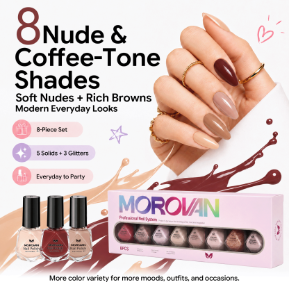 Morovan Neutral Nail Polish Set,8 Elegant Shades of Nude, Blush Pink, Rose Brown & Champagne Glitter for Daily Wear