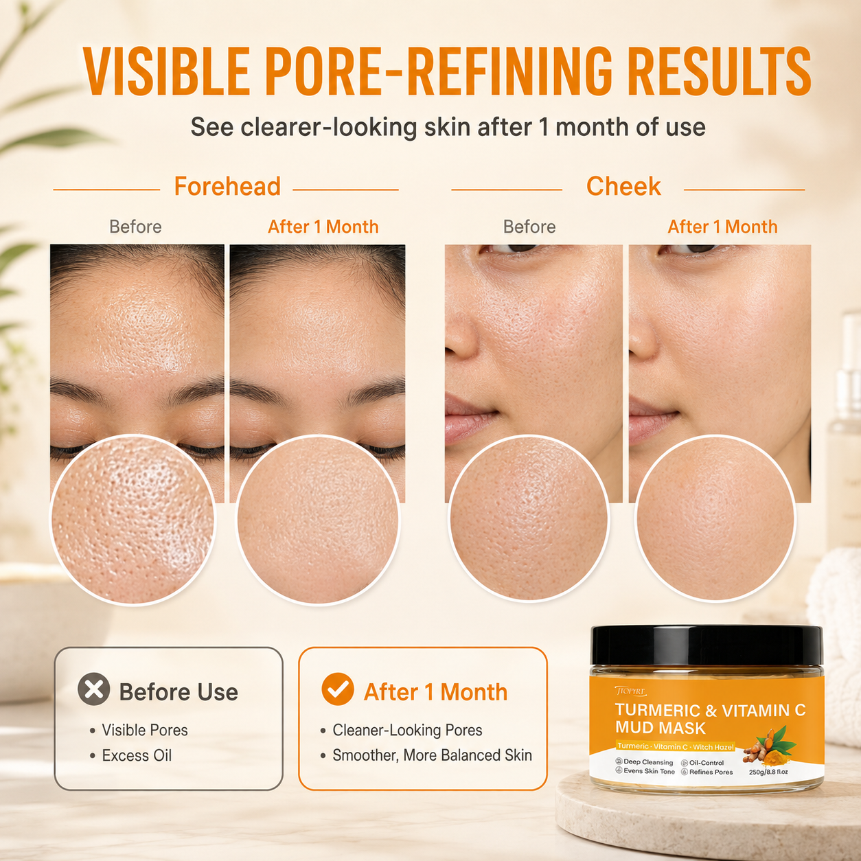 Jtopyrt Turmeric & Vitamin C Mud Mask Deep Cleansing Face Mask for Oil Control, Pore Refining & Even Skin Tone, 250g/8.8 fl oz