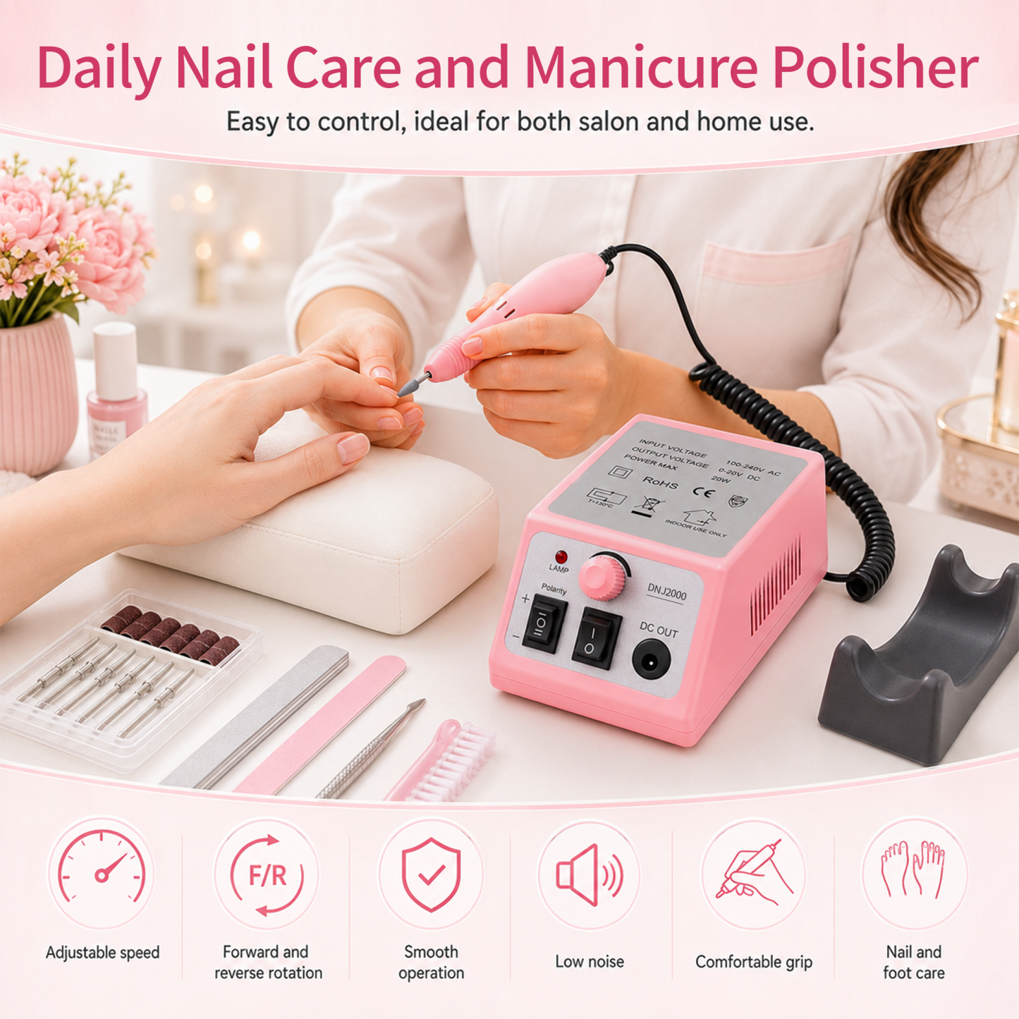 Morovan Professional Nail Drill & File Kit - 6 Premium Bits, 6 Sanding Bands & Stand for Acrylic, Gel Manicure & Pedicure