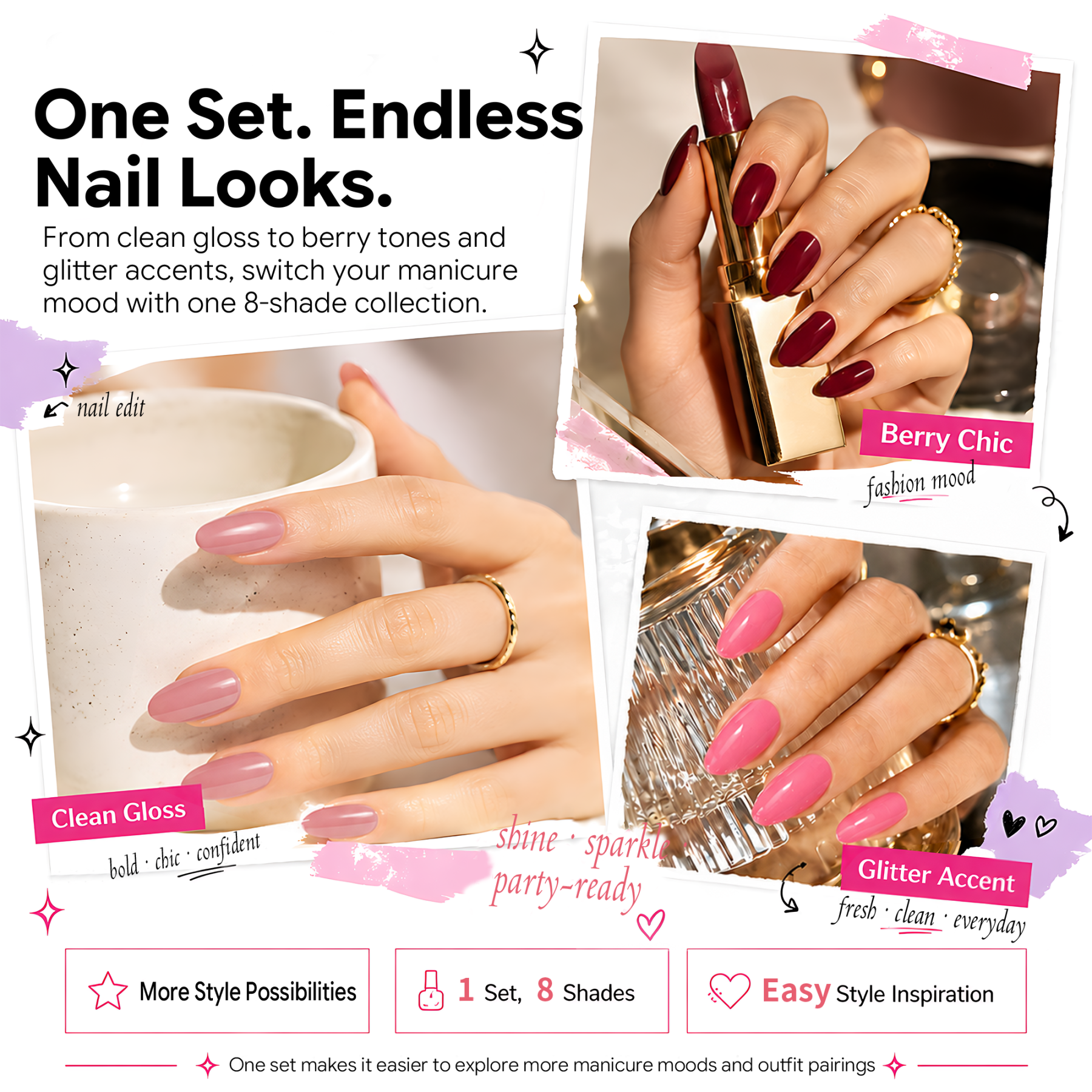 Morovan 8 Colors Nail Polish Set, Classic Red & Glitter Tones, Nude Pink & Milky White Shades, Traditional Nail Polish Kit for Daily & Party Manicure