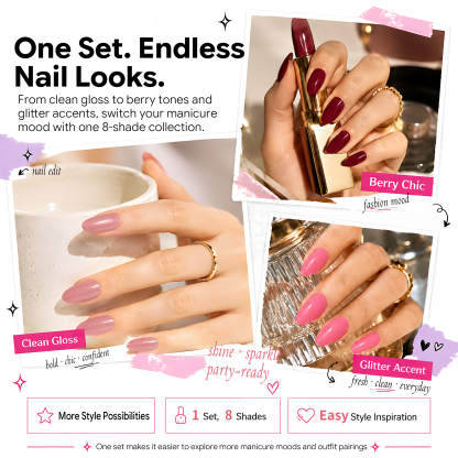 Morovan 8 Colors Nail Polish Set, Classic Red & Glitter Tones, Nude Pink & Milky White Shades, Traditional Nail Polish Kit for Daily & Party Manicure