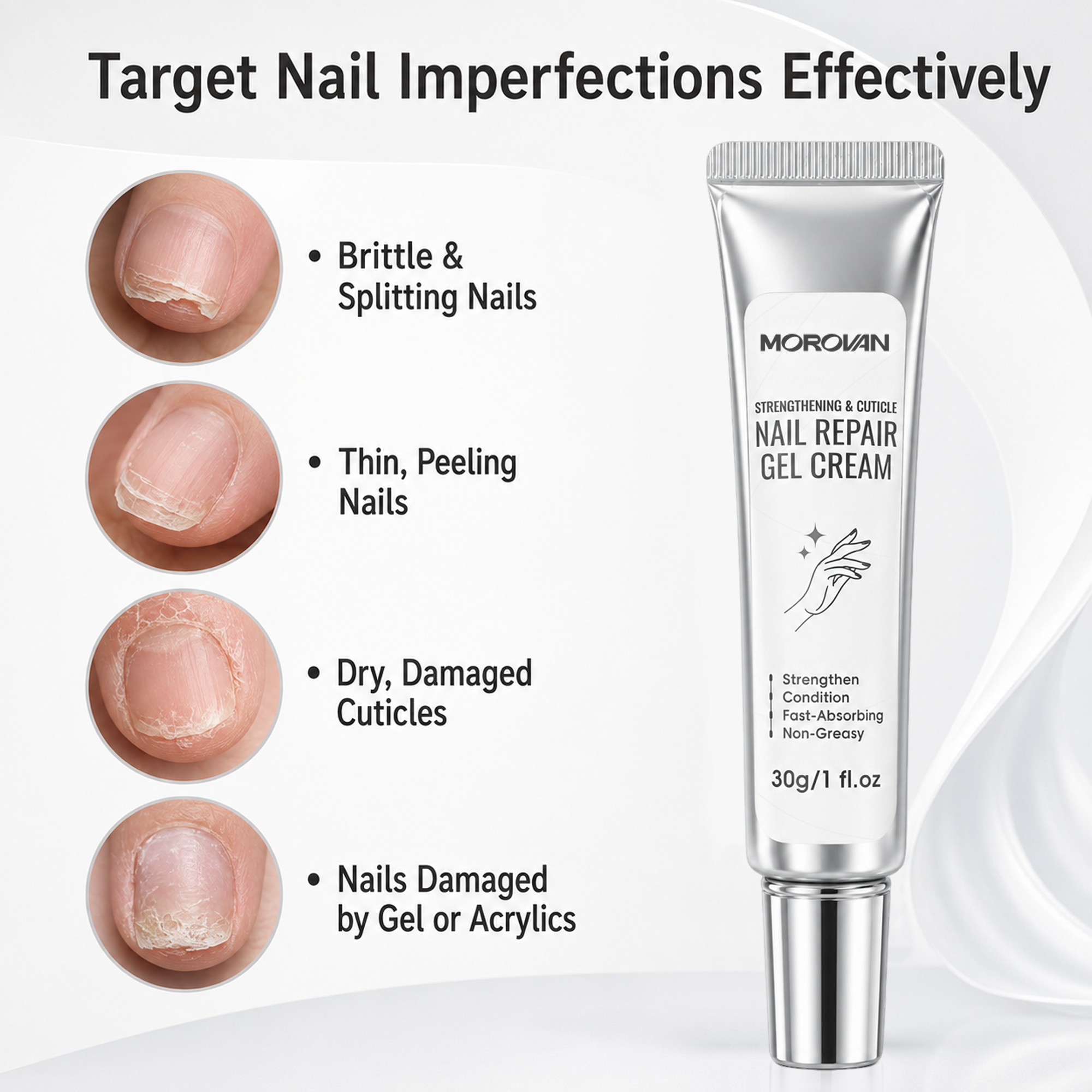 Morovan Nail Repair Gel Cream, Strengthens Nails & Conditions Cuticles, Fast-Absorbing Non-Greasy Formula, 1 fl.oz													