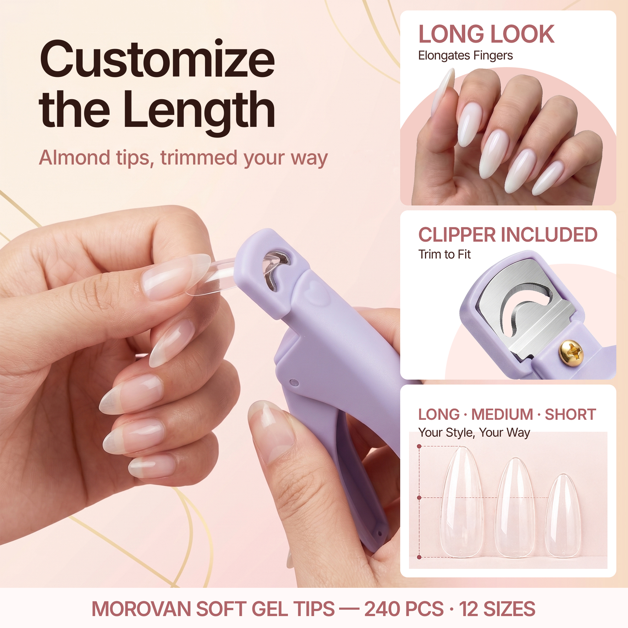 Morovan 240Pcs Almond Nail Tips with Quick-Dry Glue, Cuticle Pusher, Nail Files & Manicure Tools,Complete DIY Acrylic Nails Set for Home Salon