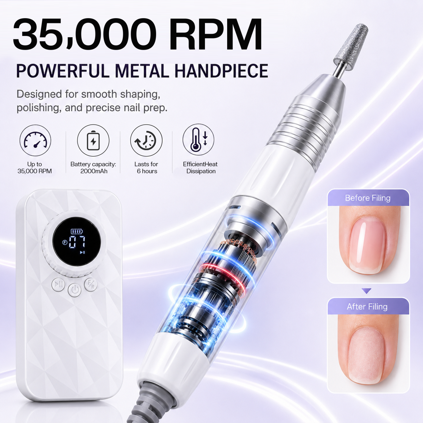 Morovan Professional Electric Nail Drill,Portable, 35000 RPM with Bits, Sanding Bands & USB Cable, Low Noise for Acrylic, Gel & Home Salon Use