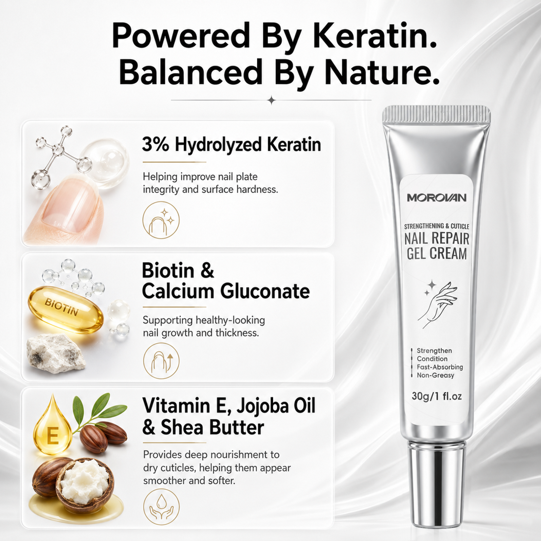 Morovan Nail Repair Gel Cream, Strengthens Nails & Conditions Cuticles, Fast-Absorbing Non-Greasy Formula, 1 fl.oz													