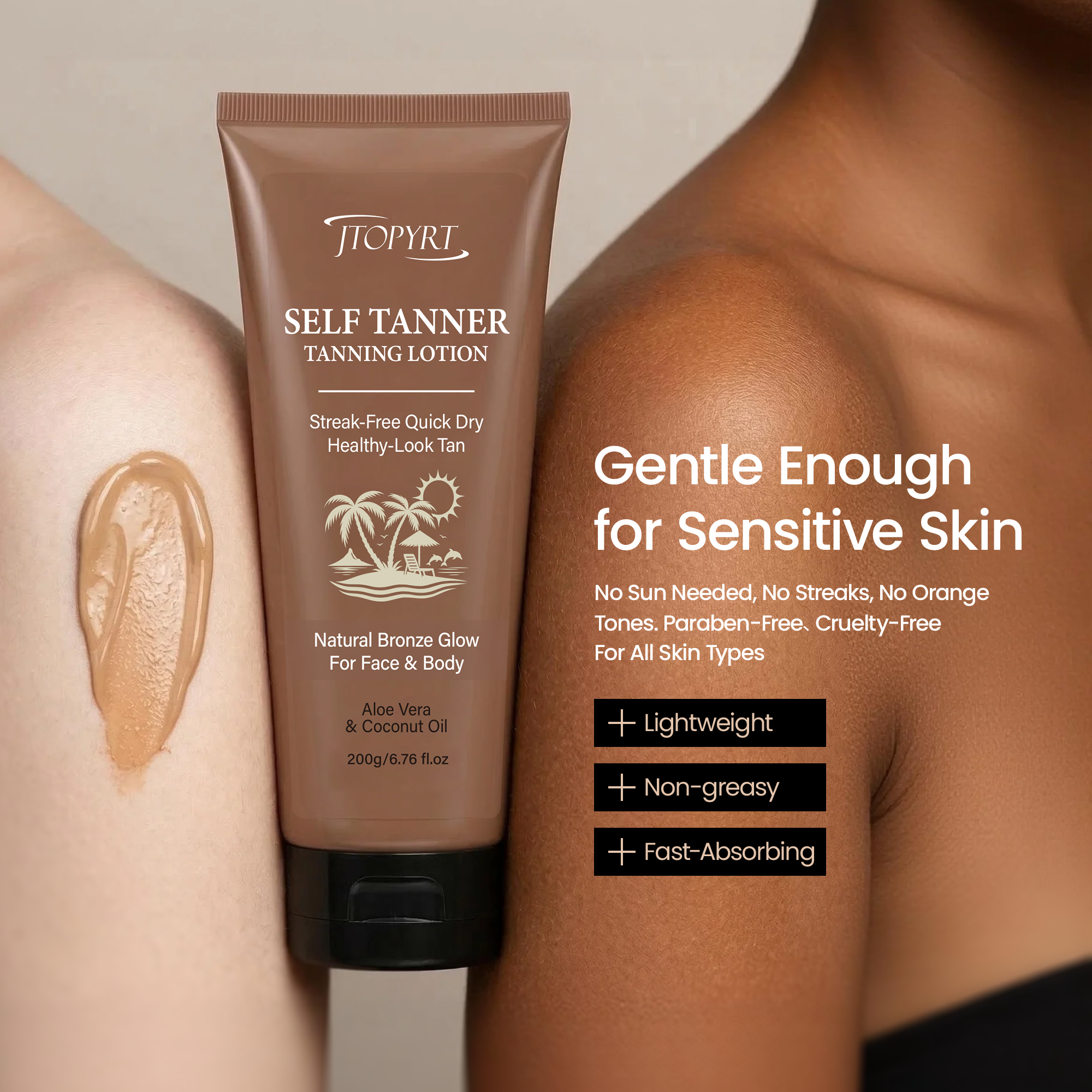 Jtopyrt Self Tanner Tanning Lotion with Aloe Vera and Coconut Oil for A Natural Glow - Brown Tones