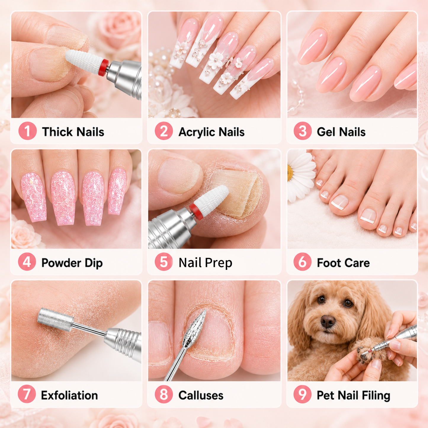 Morovan Professional Nail Drill & File Kit - 6 Premium Bits, 6 Sanding Bands & Stand for Acrylic, Gel Manicure & Pedicure