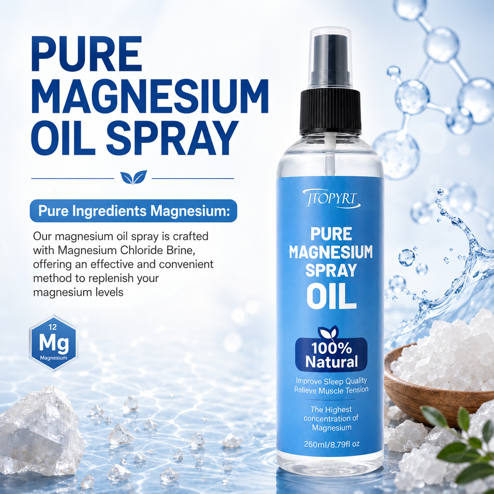 Jtopyrt Magnesium Oil Spray for Relaxing Rejuvenating Muscles and Joints 260ml 8.79 fl oz
