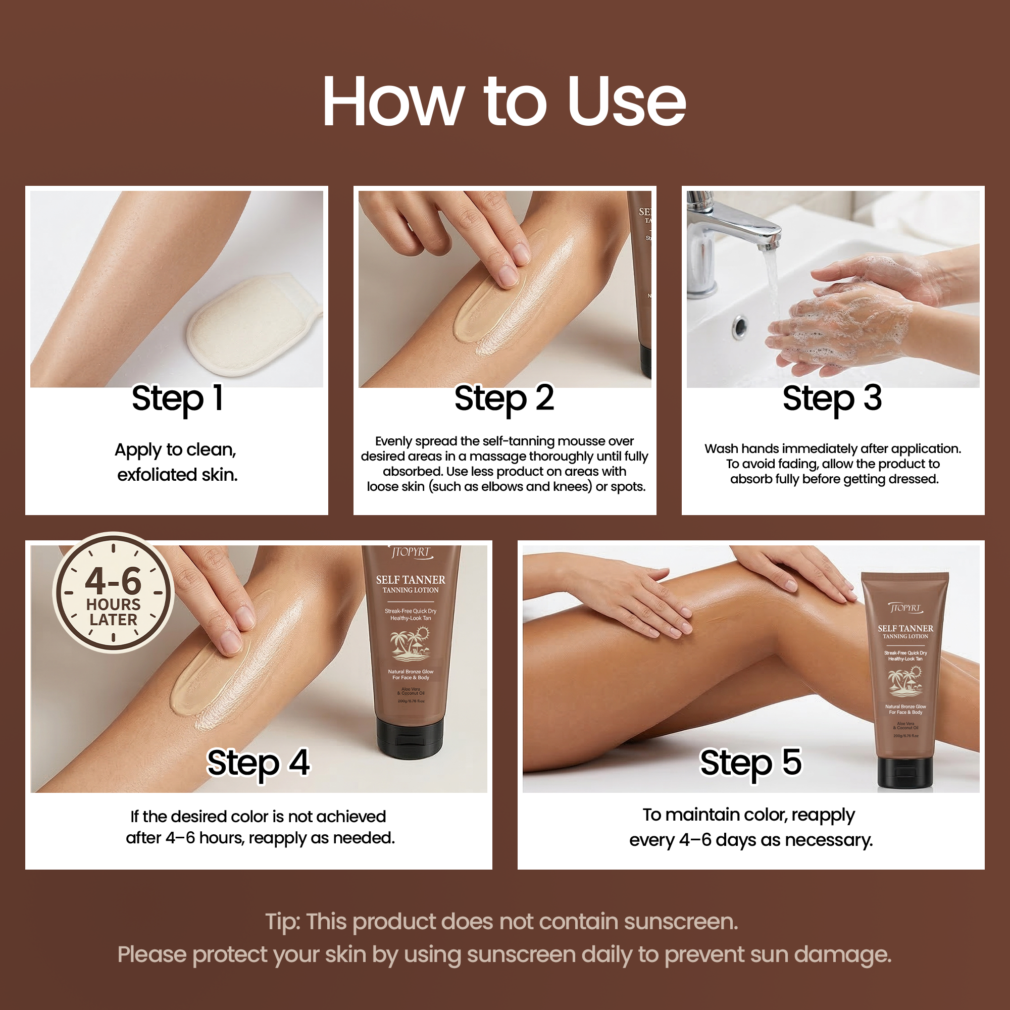 Jtopyrt Self Tanner Tanning Lotion with Aloe Vera and Coconut Oil for A Natural Glow - Brown Tones